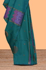 Borderless green zari motifs design semi soft silk saree with contrast pallu and motifs blouse