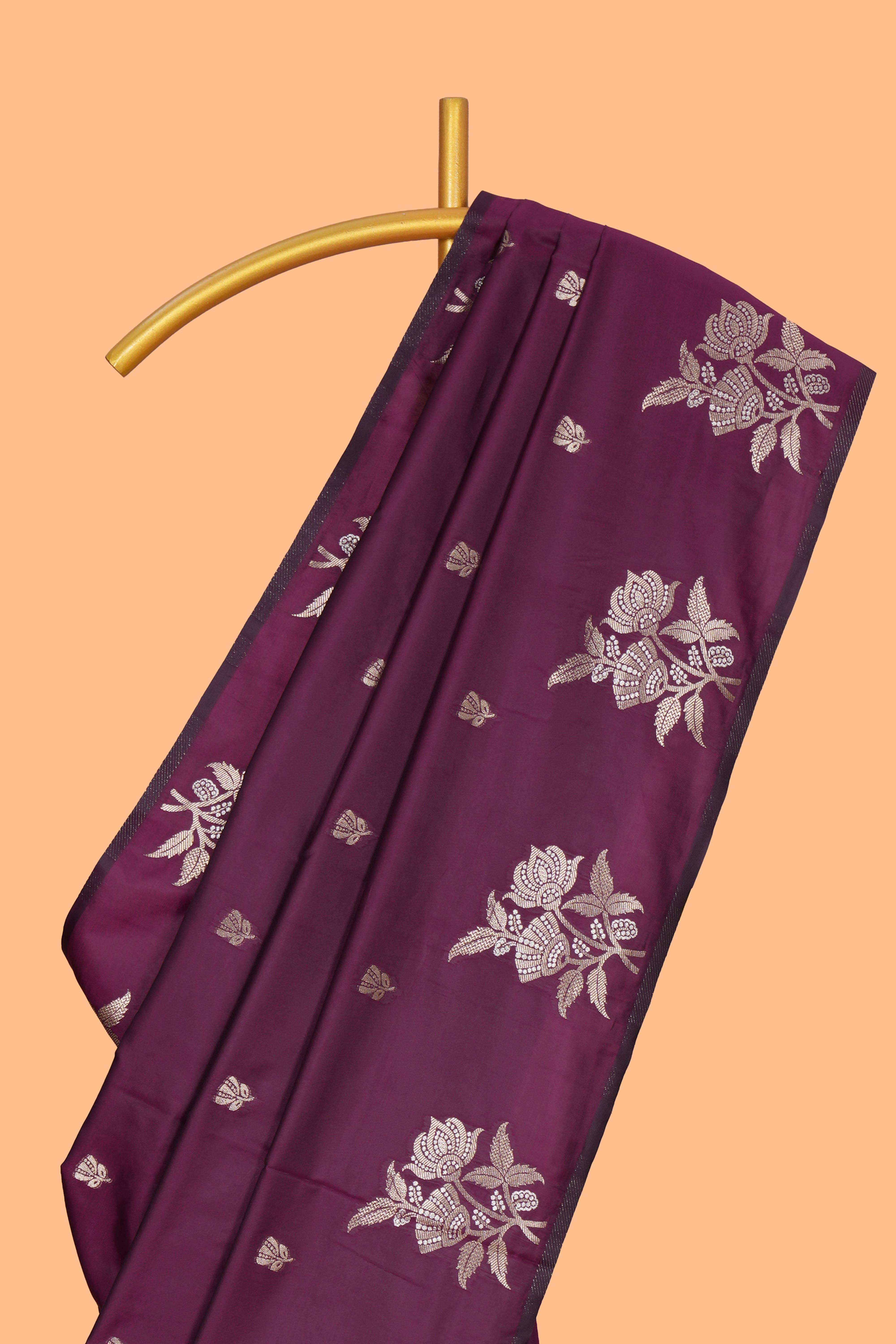 Borderless purple zari motifs design semi soft silk saree with self pallu and matching blouse