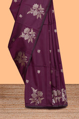 Borderless purple zari motifs design semi soft silk saree with self pallu and matching blouse