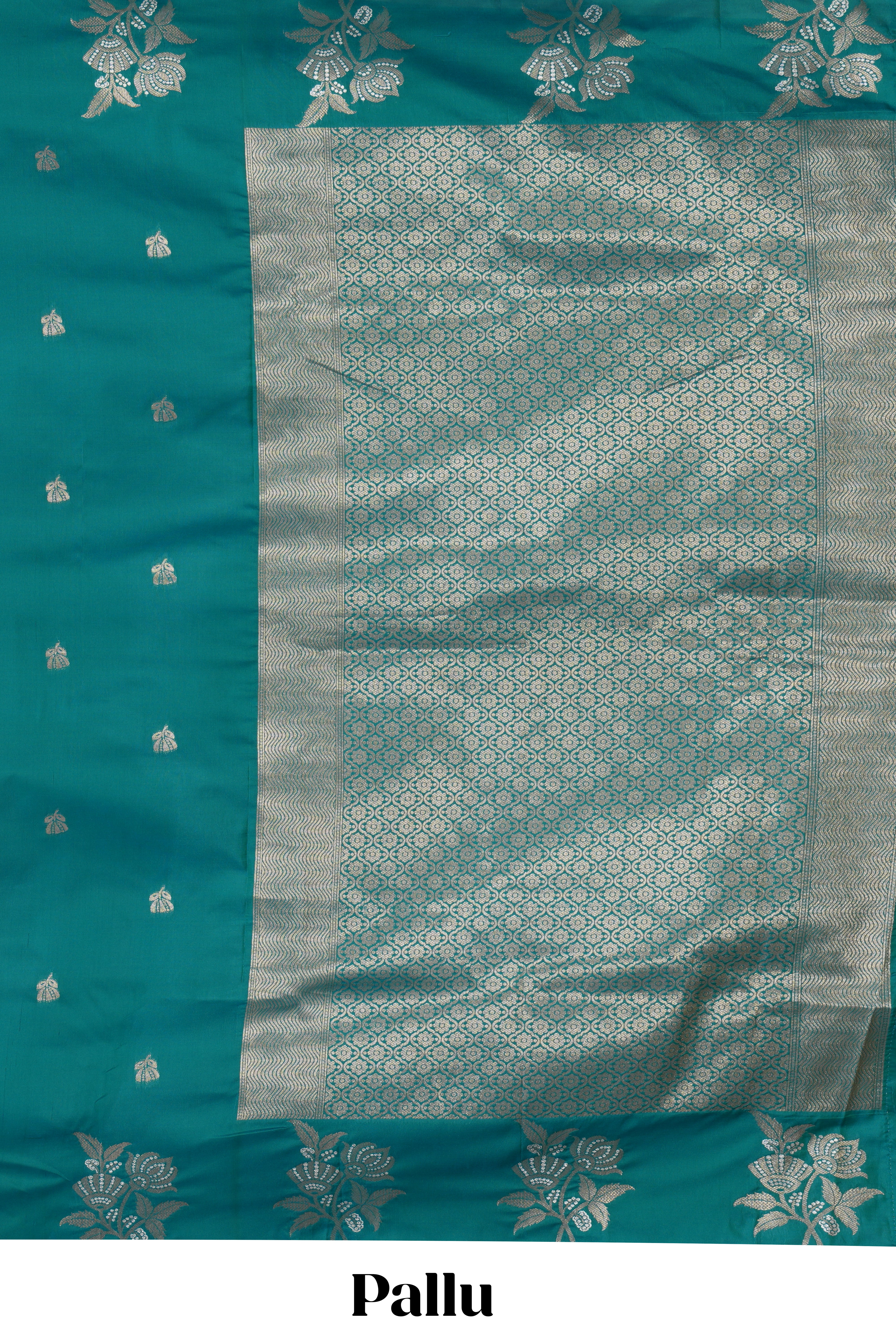 Borderless green floral zari motifs design semi soft silk saree with self pallu and matching blouse