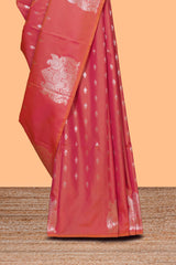 Borderless orange zari motifs design semi soft silk saree with self pallu and matching blouse