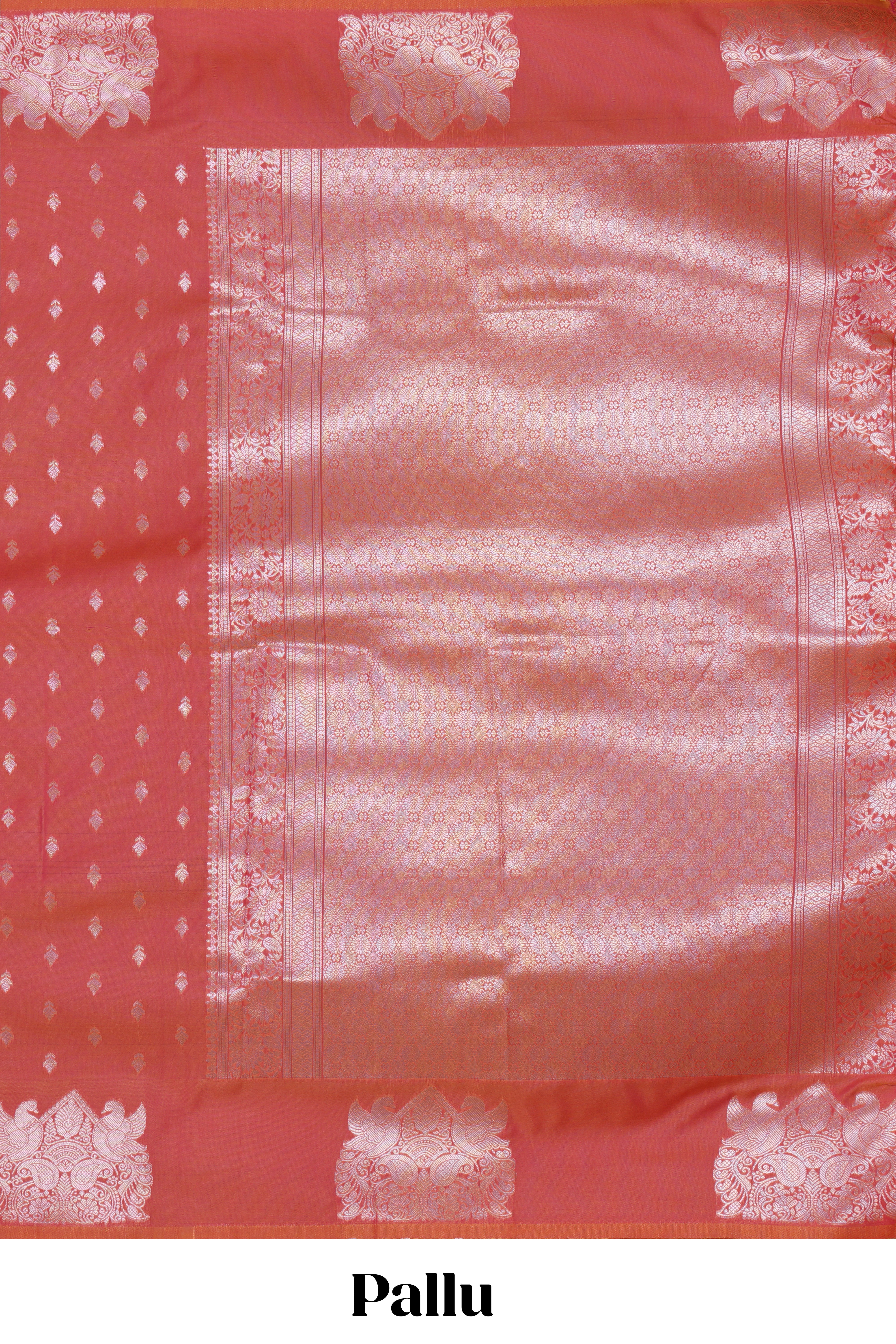Borderless orange zari motifs design semi soft silk saree with self pallu and matching blouse