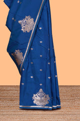 Borderless blue zari motifs design semi soft silk saree with self pallu and matching blouse