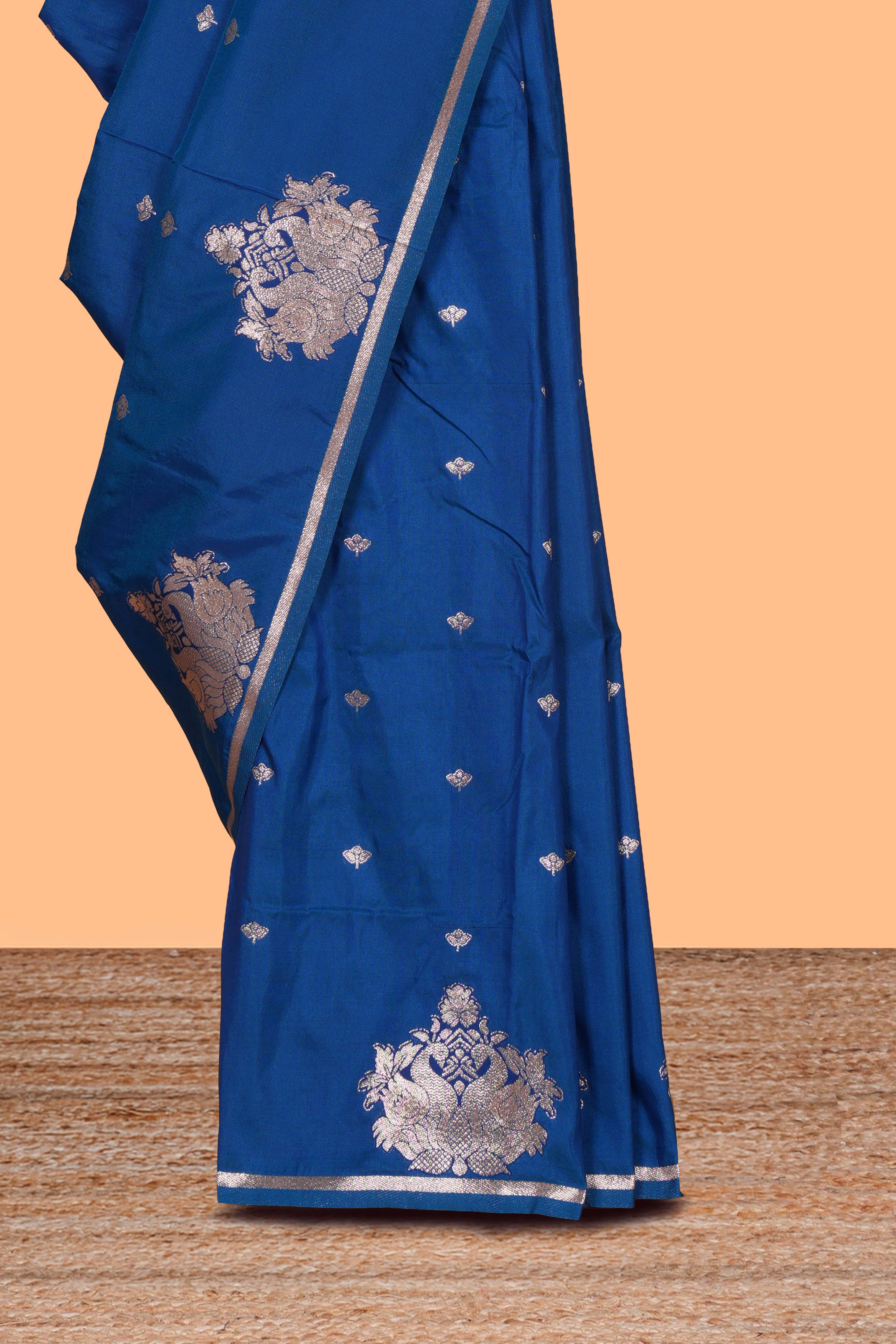 Borderless blue zari motifs design semi soft silk saree with self pallu and matching blouse