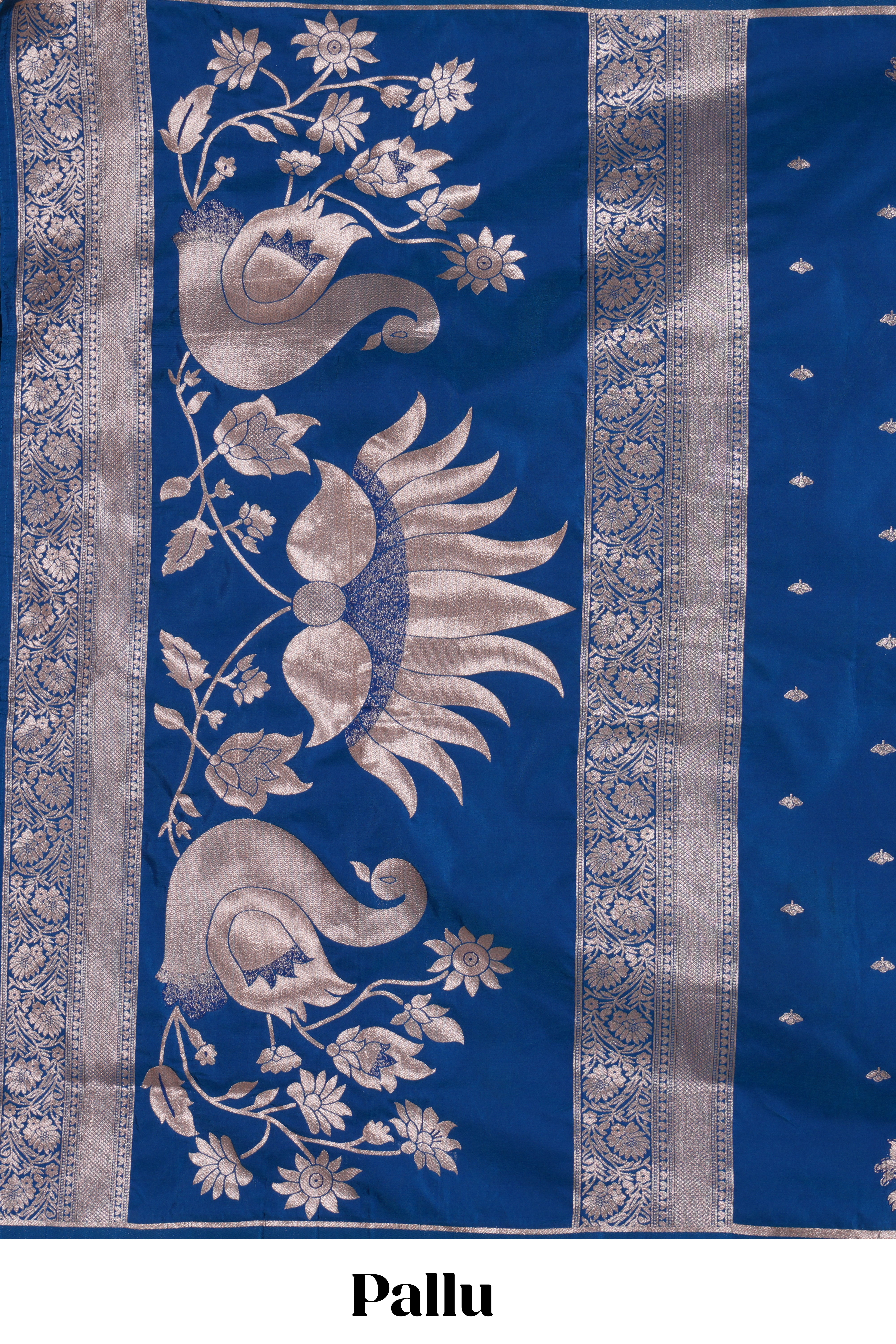 Borderless blue zari motifs design semi soft silk saree with self pallu and matching blouse