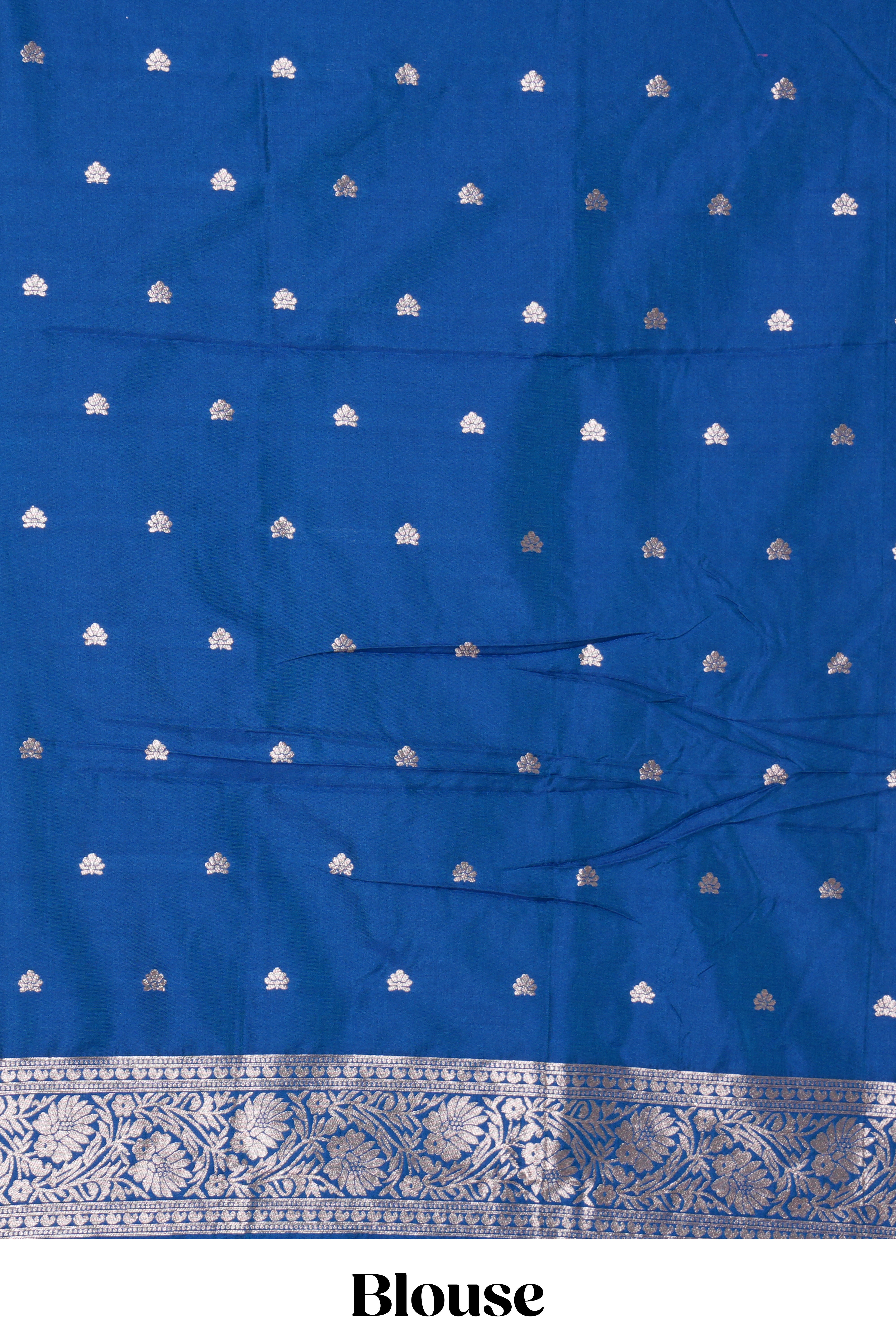 Borderless blue zari motifs design semi soft silk saree with self pallu and matching blouse
