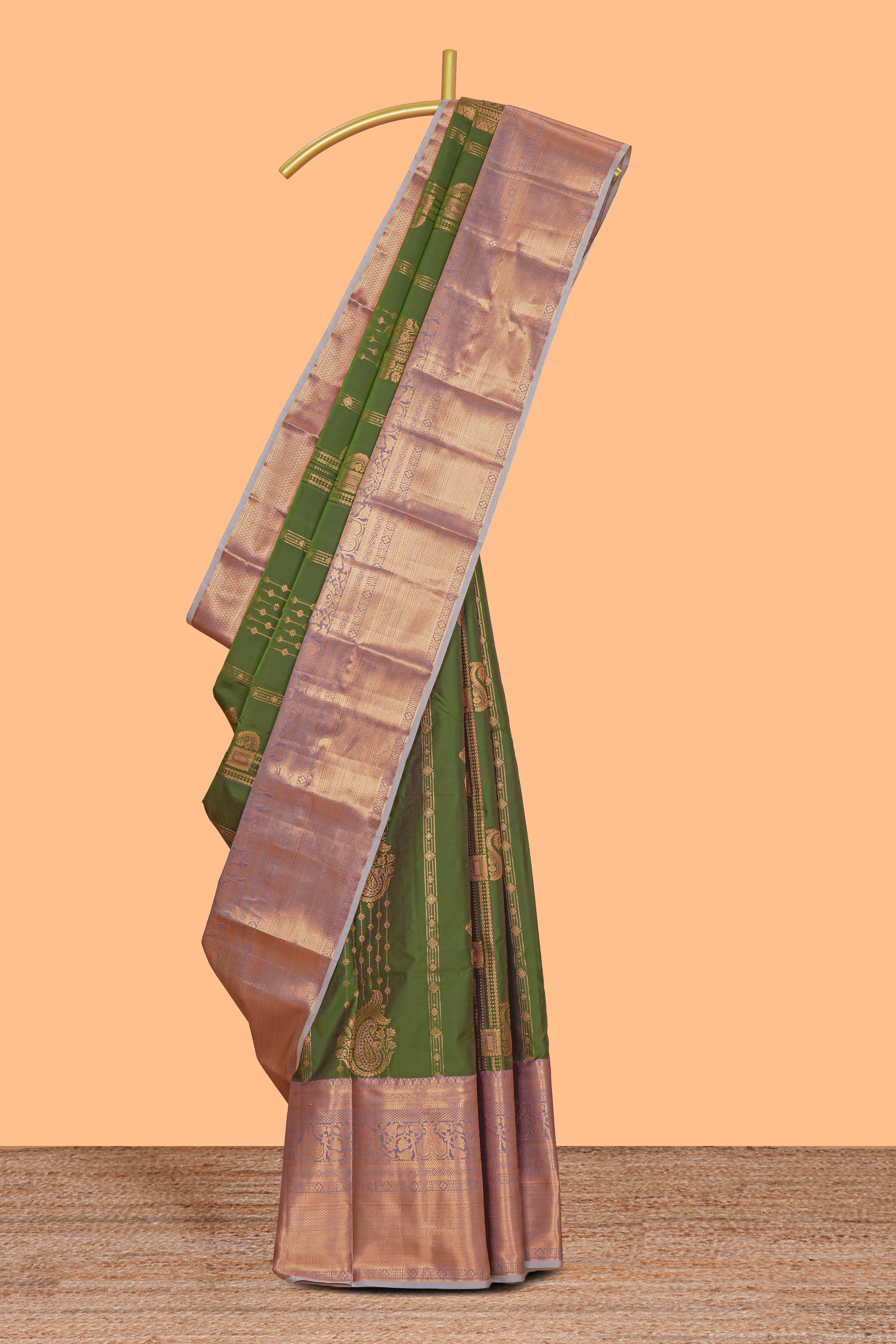 Green unique zari design kathan Silk Saree with contrast zari border and zari blouse