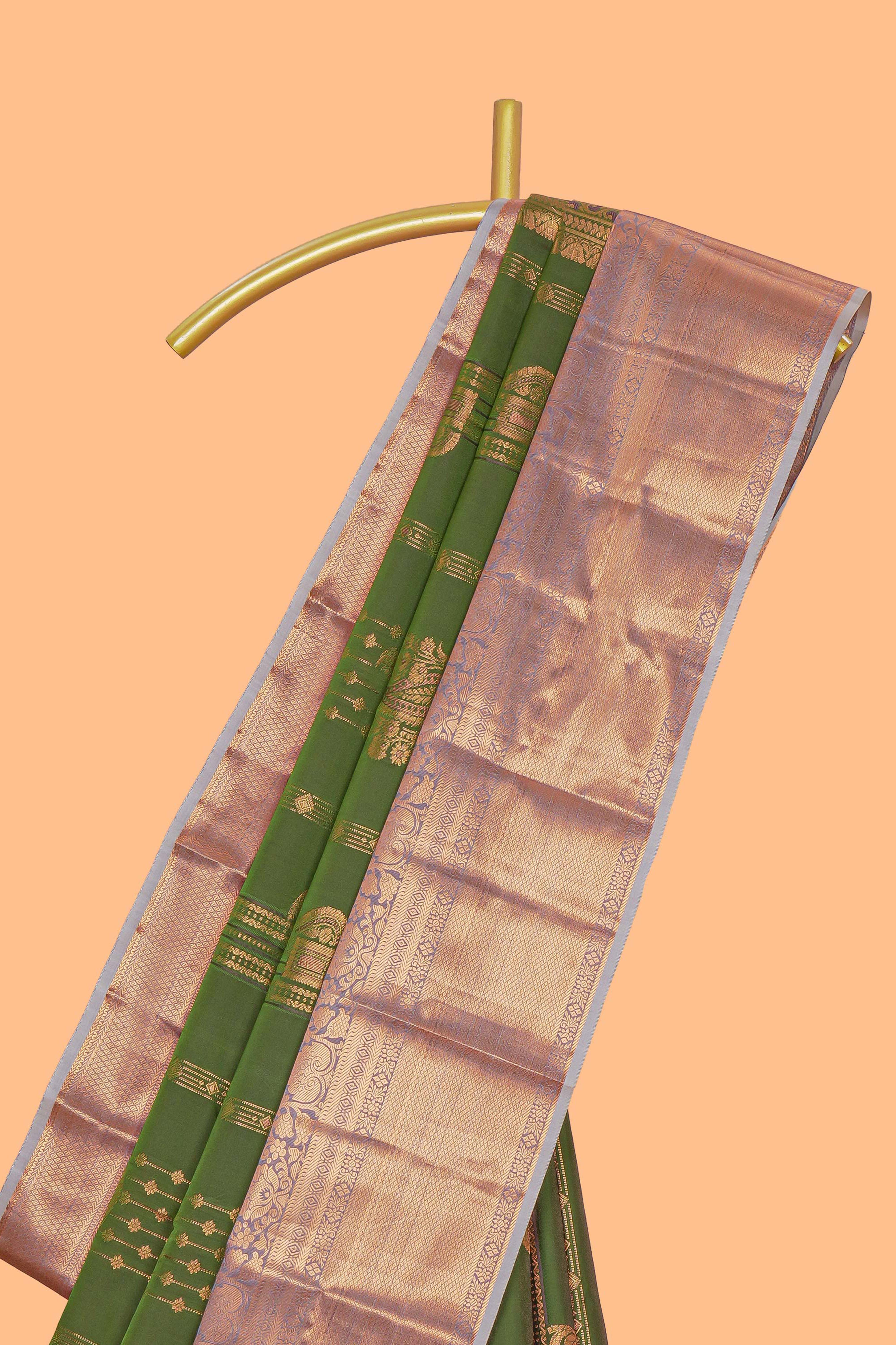 Green unique zari design kathan Silk Saree with contrast zari border and zari blouse