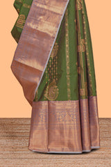 Green unique zari design kathan Silk Saree with contrast zari border and zari blouse