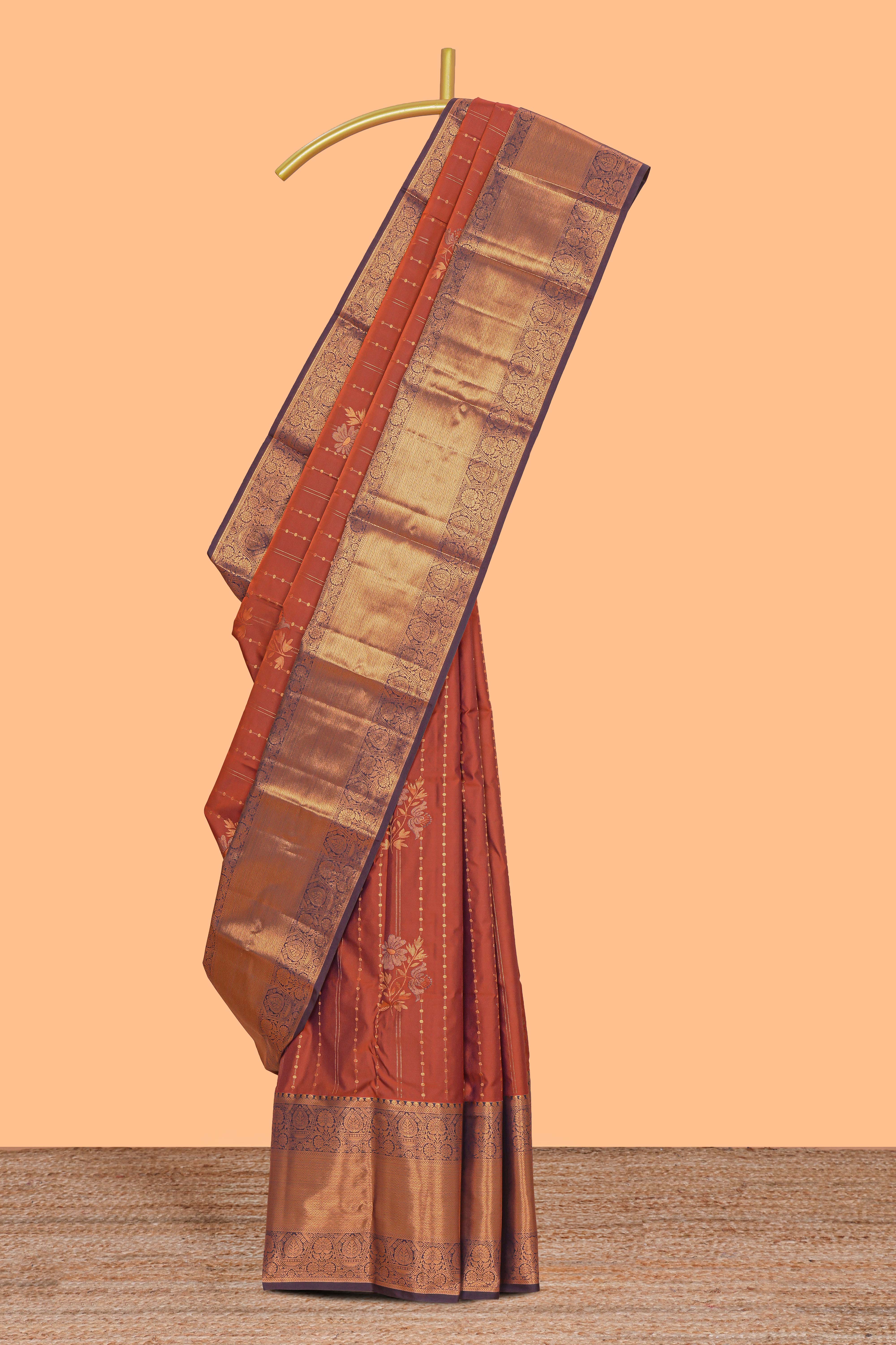 Rust orange striped zari design kathan Silk Saree with contrast zari border and zari blouse