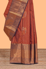 Rust orange striped zari design kathan Silk Saree with contrast zari border and zari blouse