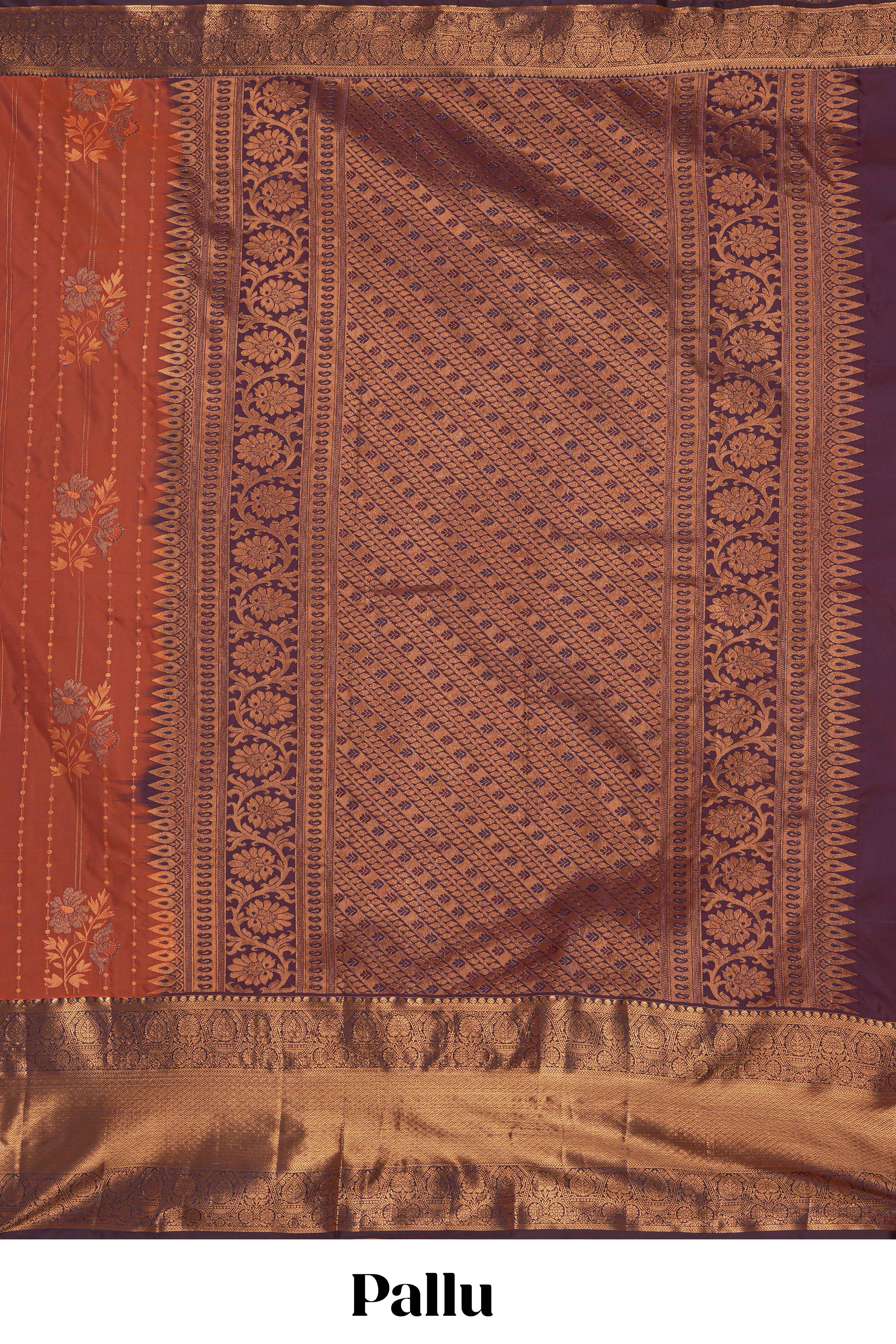 Rust orange striped zari design kathan Silk Saree with contrast zari border and zari blouse
