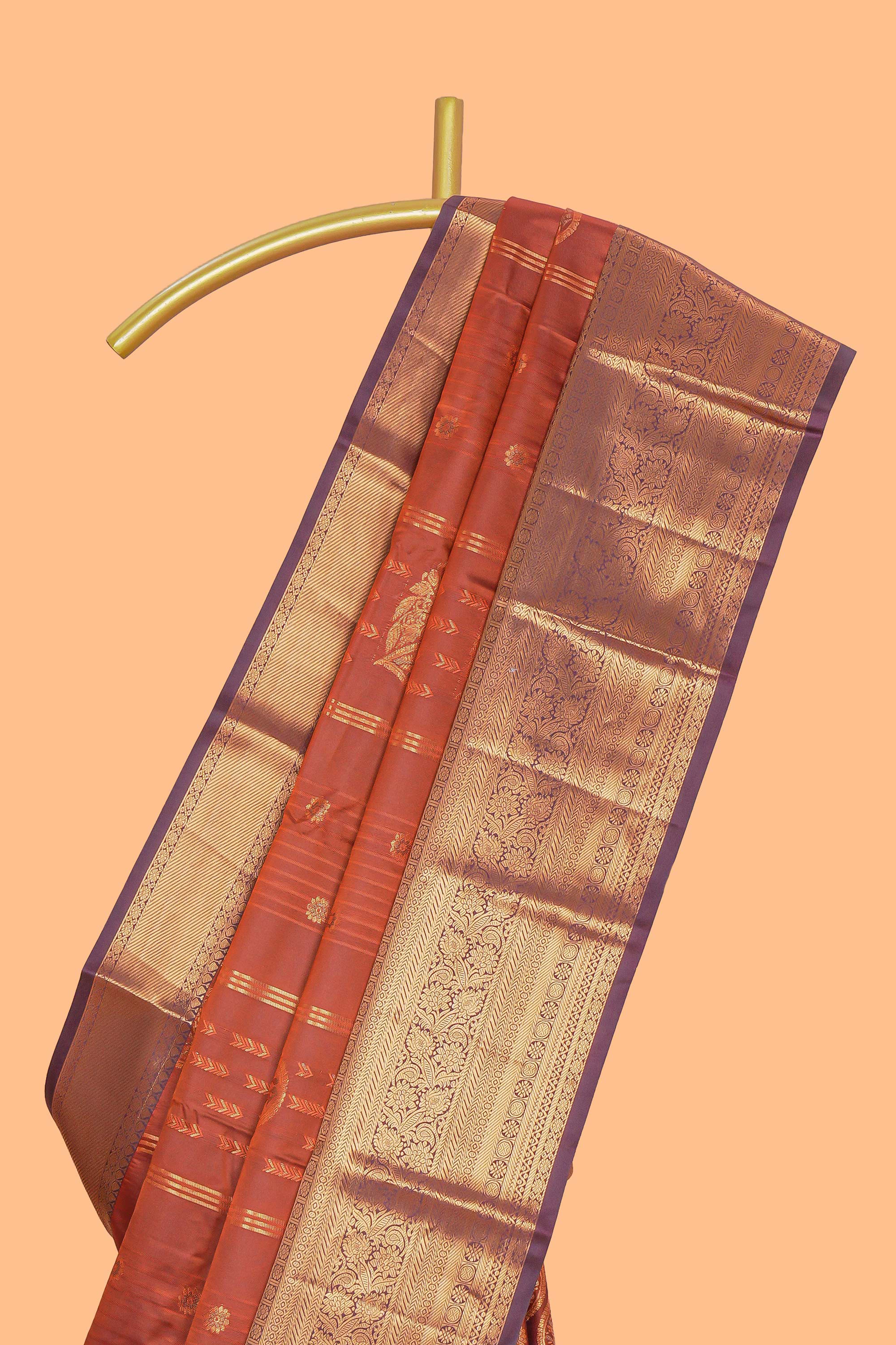 Rust orange striped zari design kathan Silk Saree with contrast zari border and zari blouse
