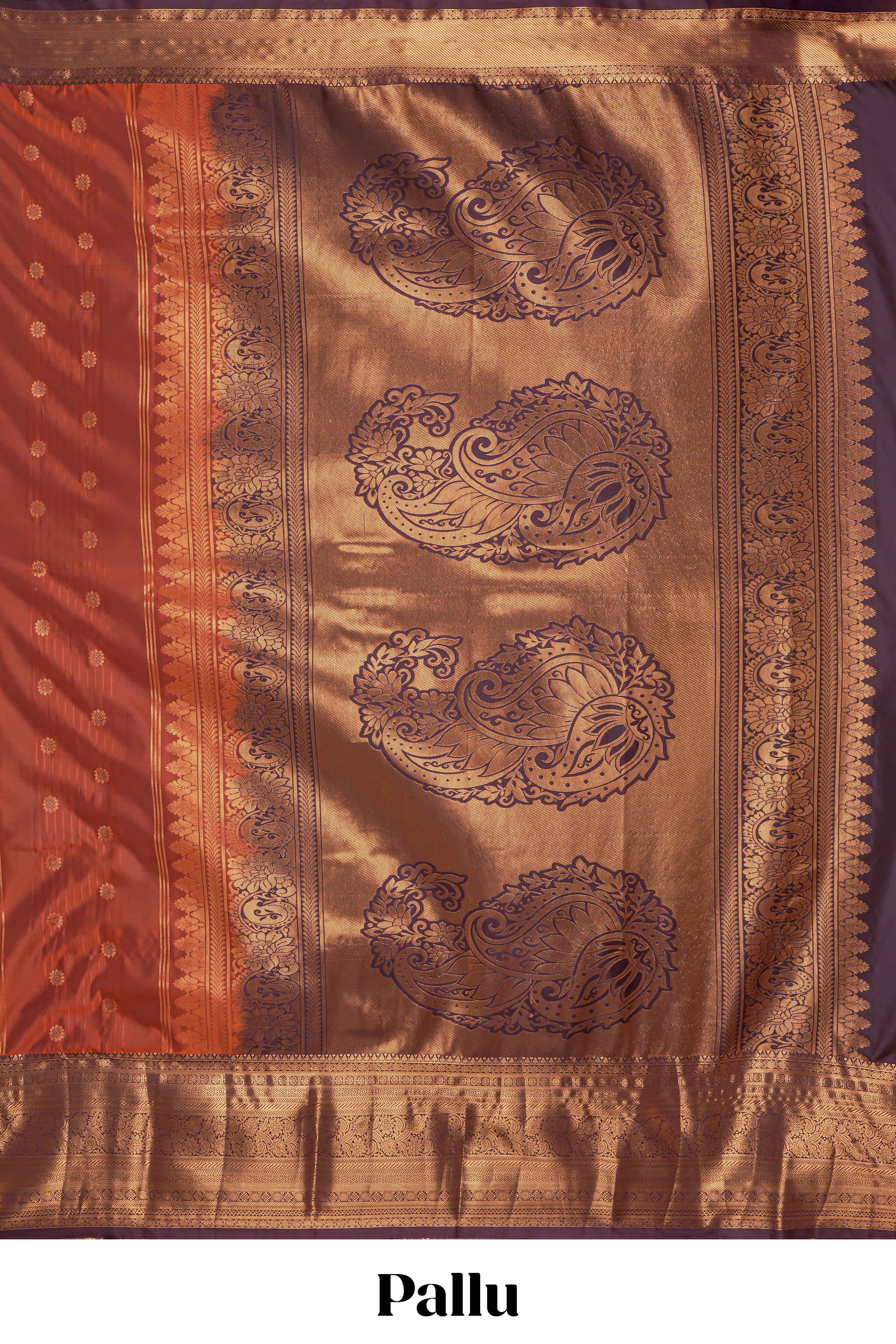 Rust orange striped zari design kathan Silk Saree with contrast zari border and zari blouse