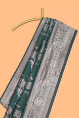 Green zari design semi soft silk saree with self zari border and matching blouse
