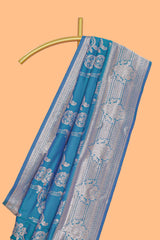 Blue zari design semi soft silk saree with self zari border and matching blouse
