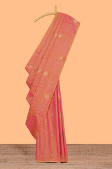 Borderless orange striped motifs design semi soft silk saree with contrast pallu and zari motifs blouse
