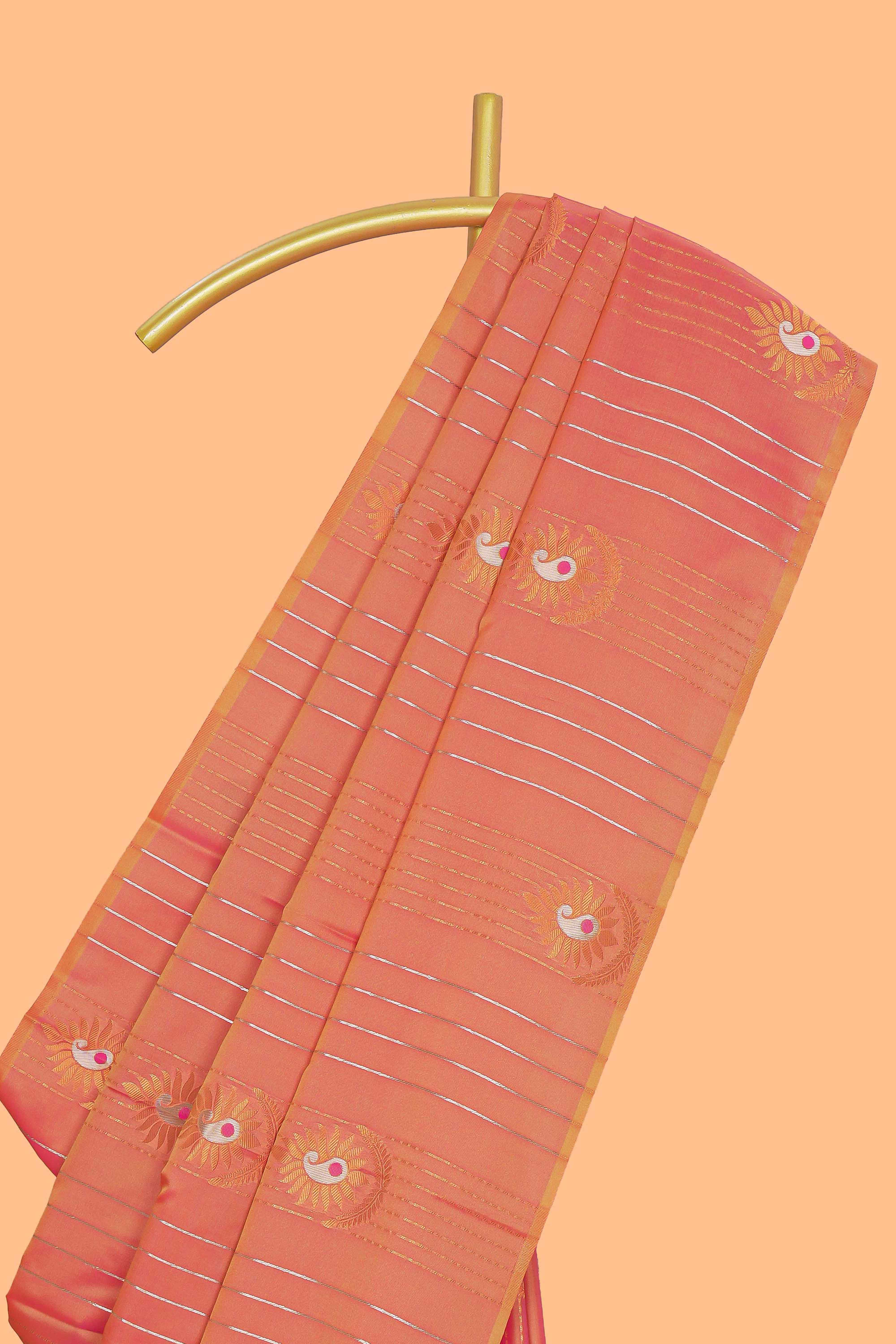 Borderless orange striped motifs design semi soft silk saree with contrast pallu and zari motifs blouse
