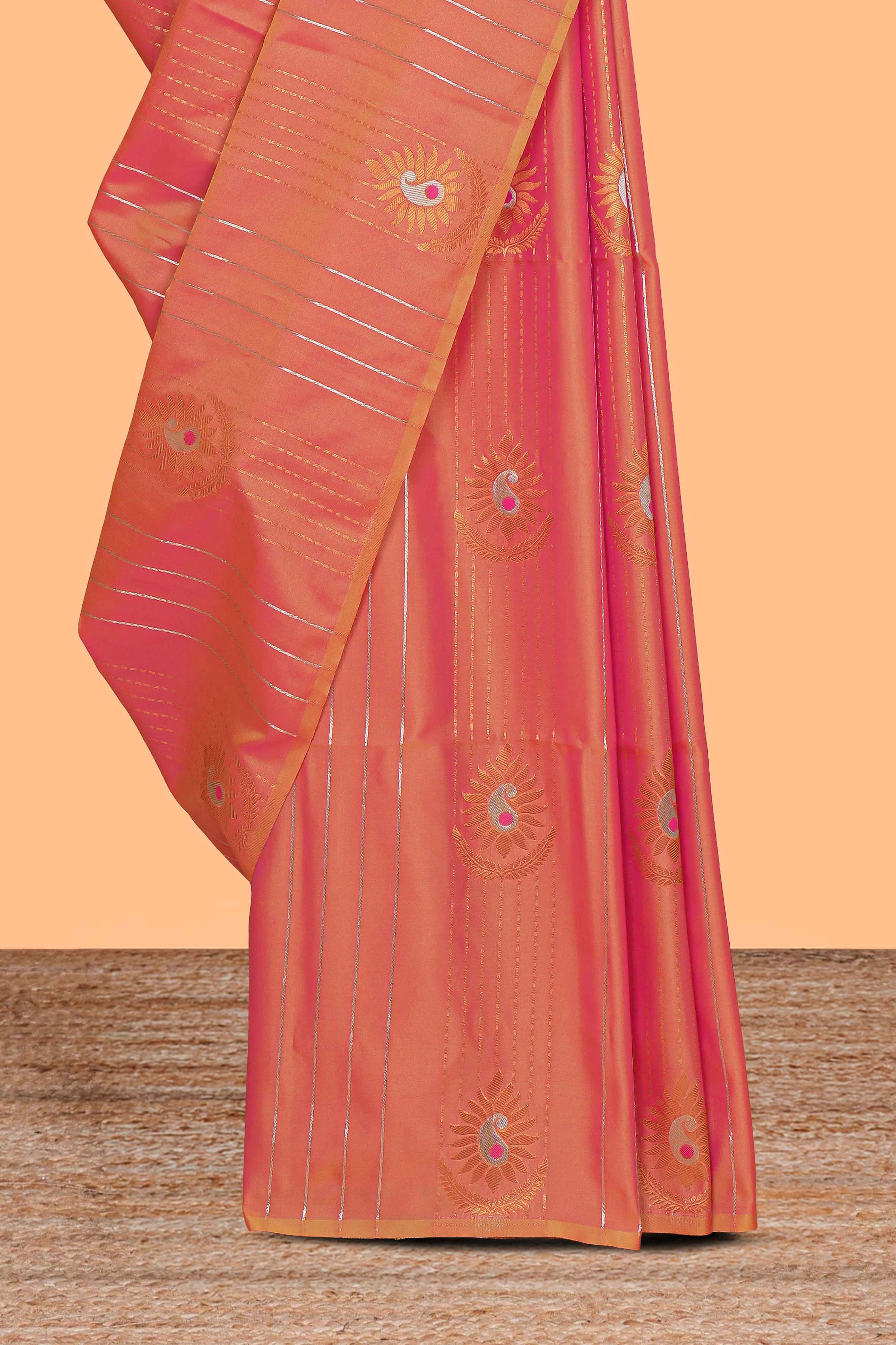 Borderless orange striped motifs design semi soft silk saree with contrast pallu and zari motifs blouse