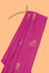 Borderless pink striped motifs design semi soft silk saree with contrast pallu and zari motifs blouse