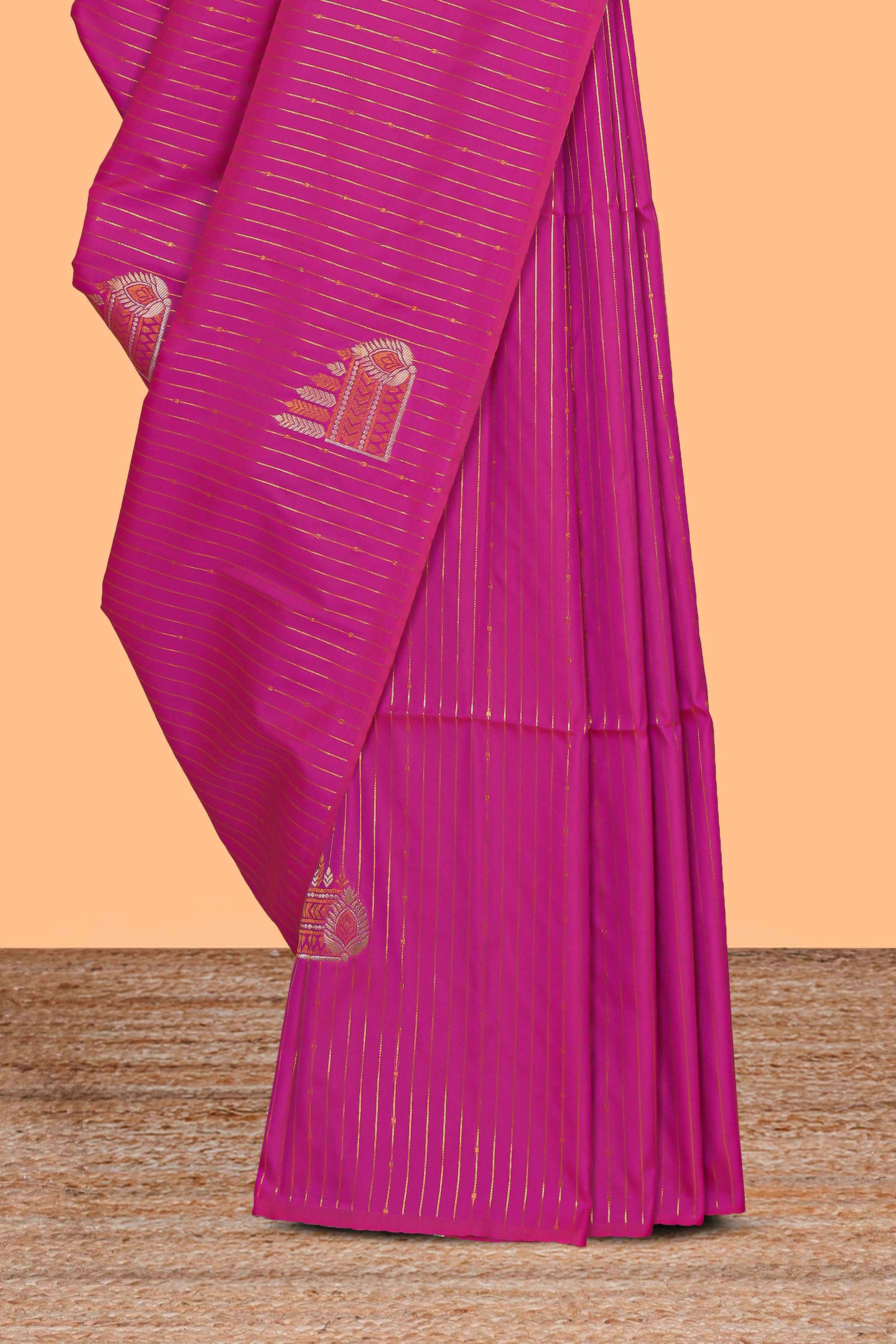 Borderless pink striped motifs design semi soft silk saree with contrast pallu and zari motifs blouse