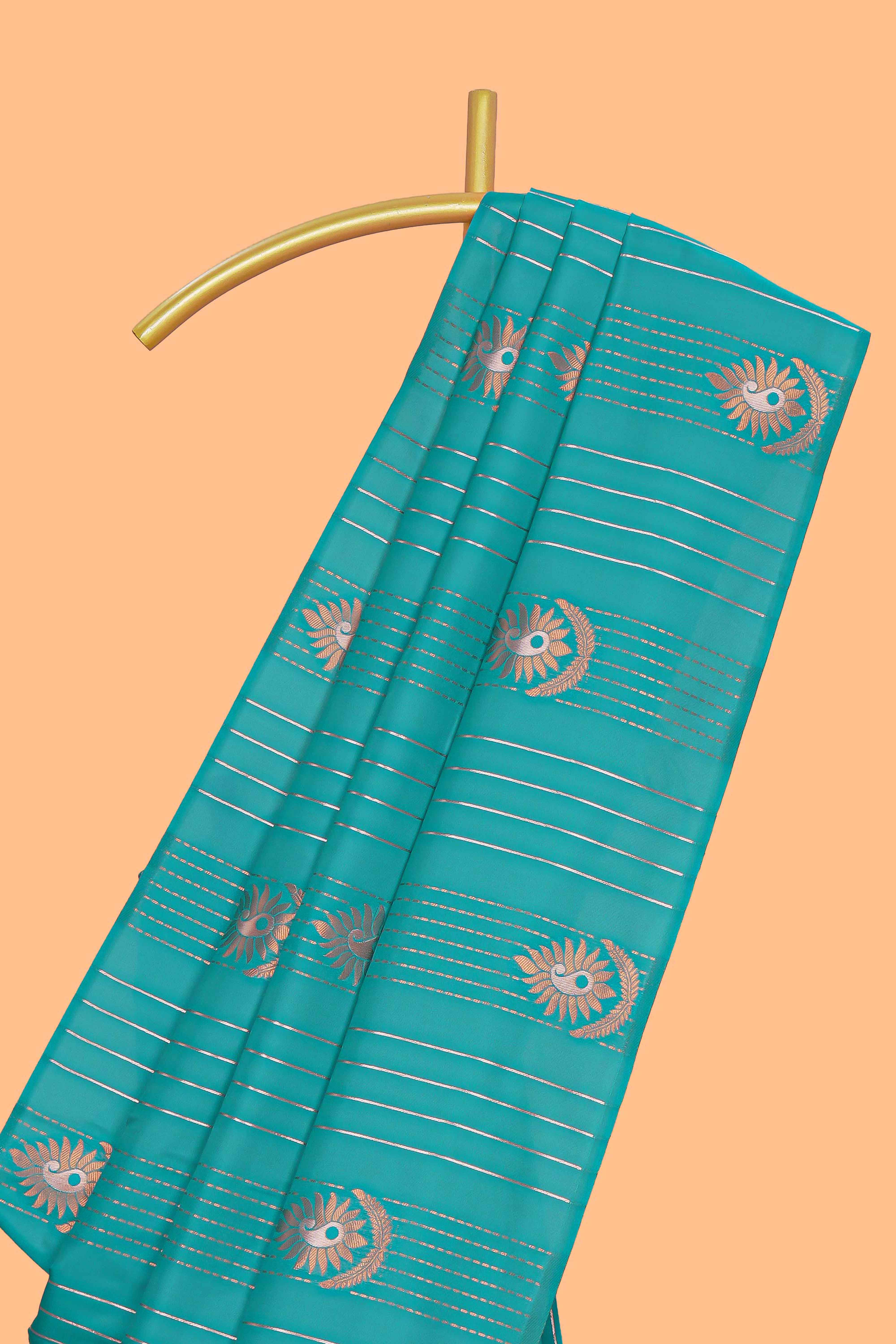 Borderless blue striped motifs design semi soft silk saree with contrast pallu and zari motifs blouse