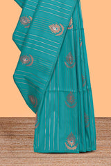 Borderless blue striped motifs design semi soft silk saree with contrast pallu and zari motifs blouse