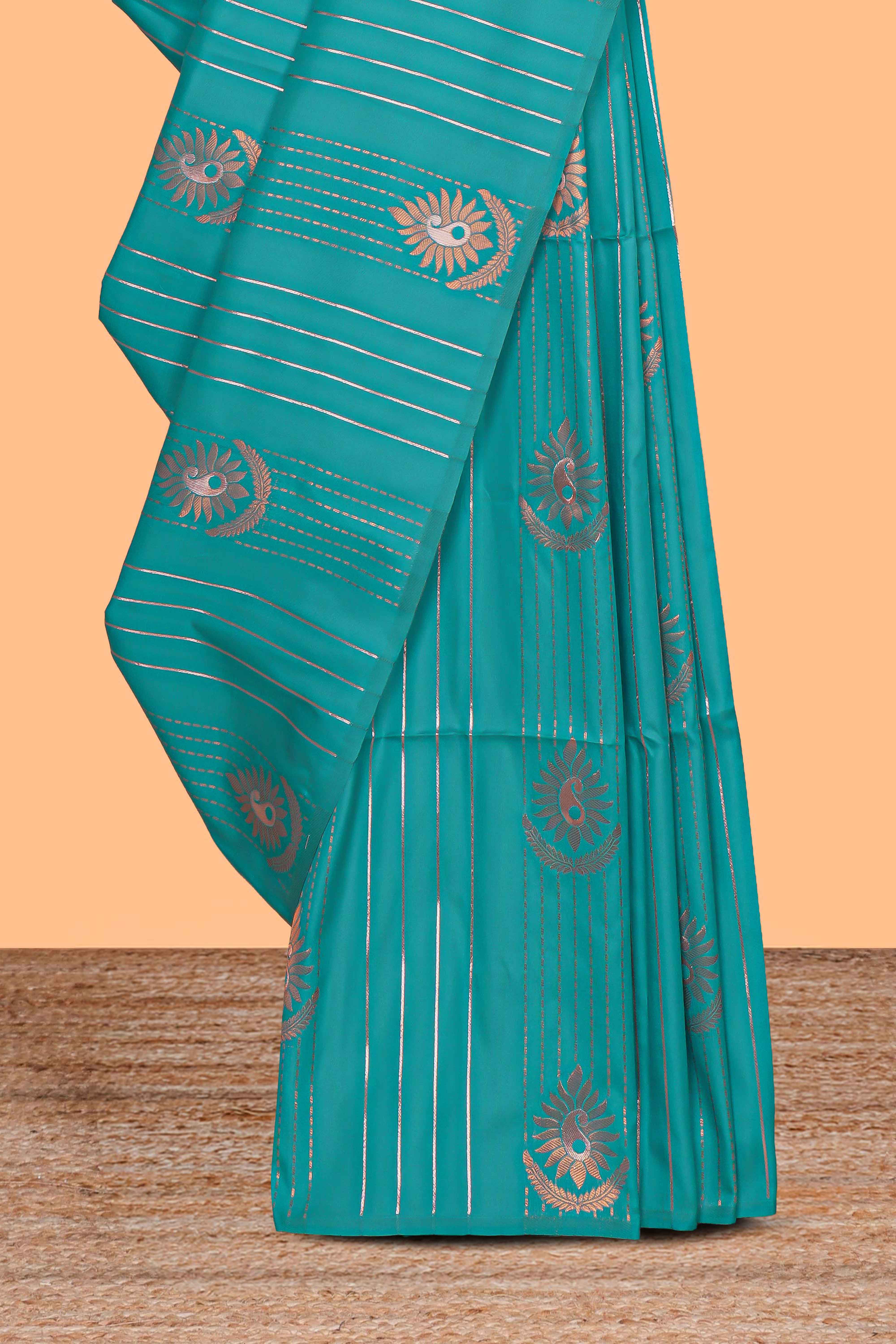 Borderless blue striped motifs design semi soft silk saree with contrast pallu and zari motifs blouse