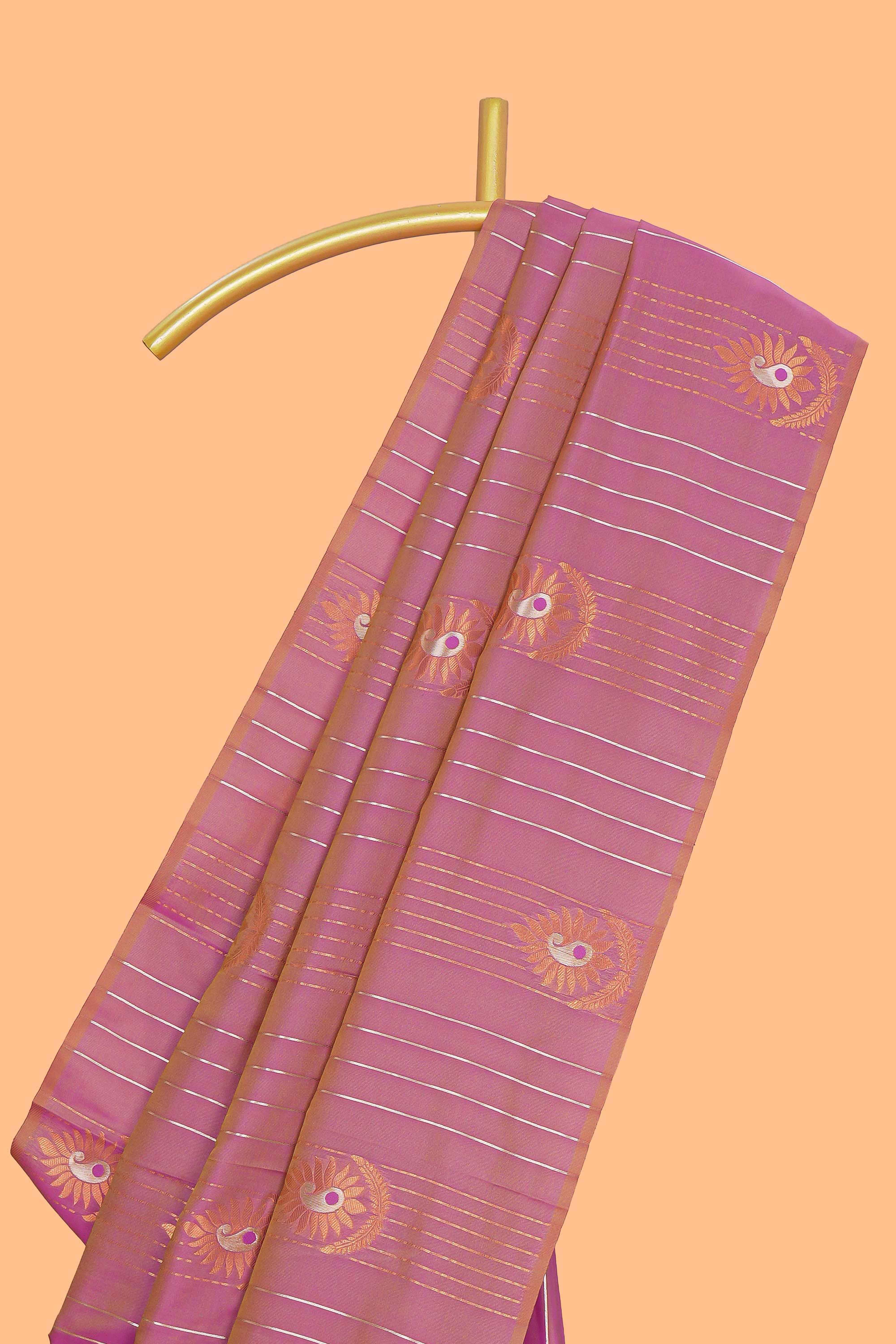 Borderless onion pink striped motifs design semi soft silk saree with contrast pallu and zari motifs blouse