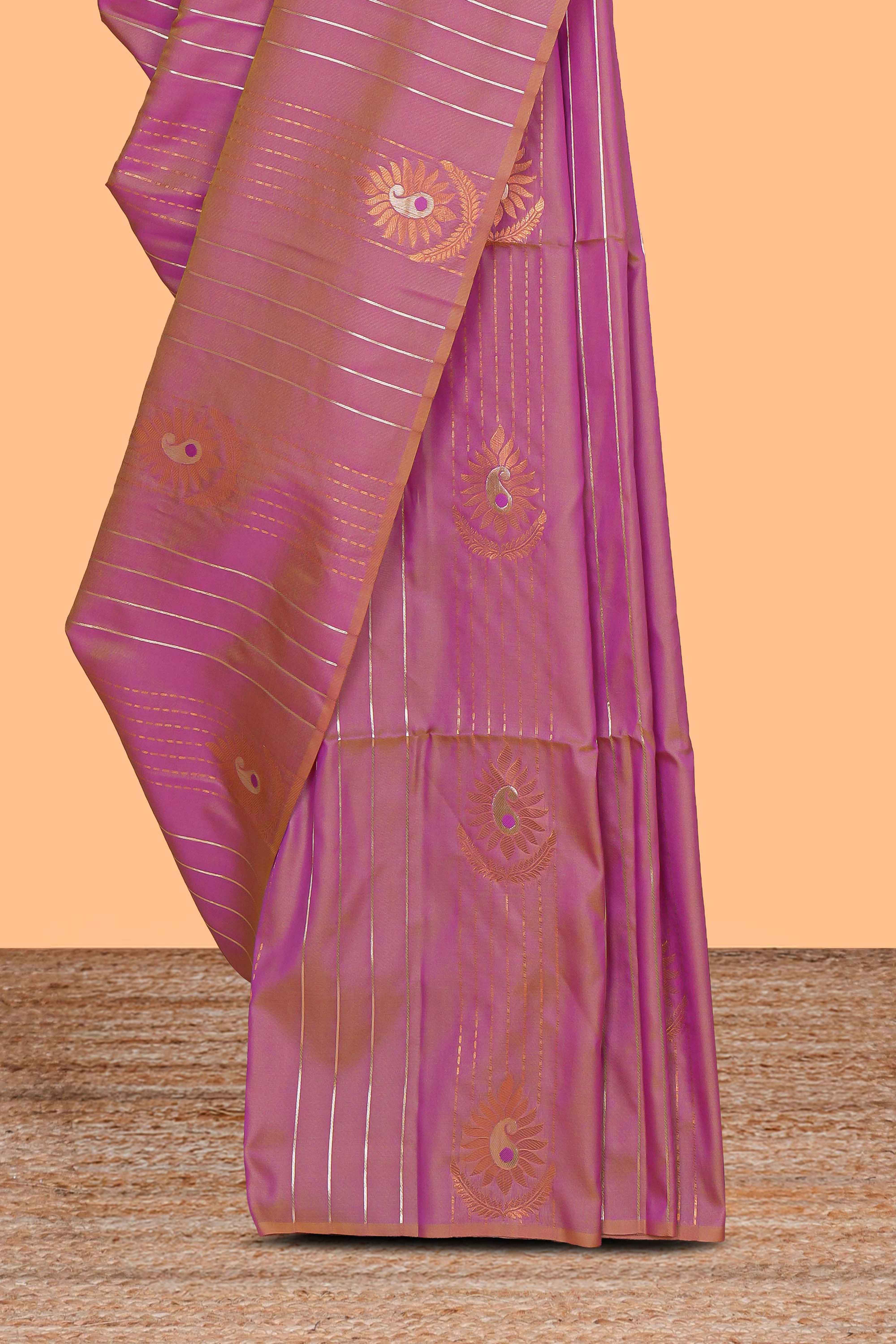 Borderless onion pink striped motifs design semi soft silk saree with contrast pallu and zari motifs blouse