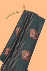 Borderless dark green striped motifs design semi soft silk saree with contrast pallu and zari motifs blouse