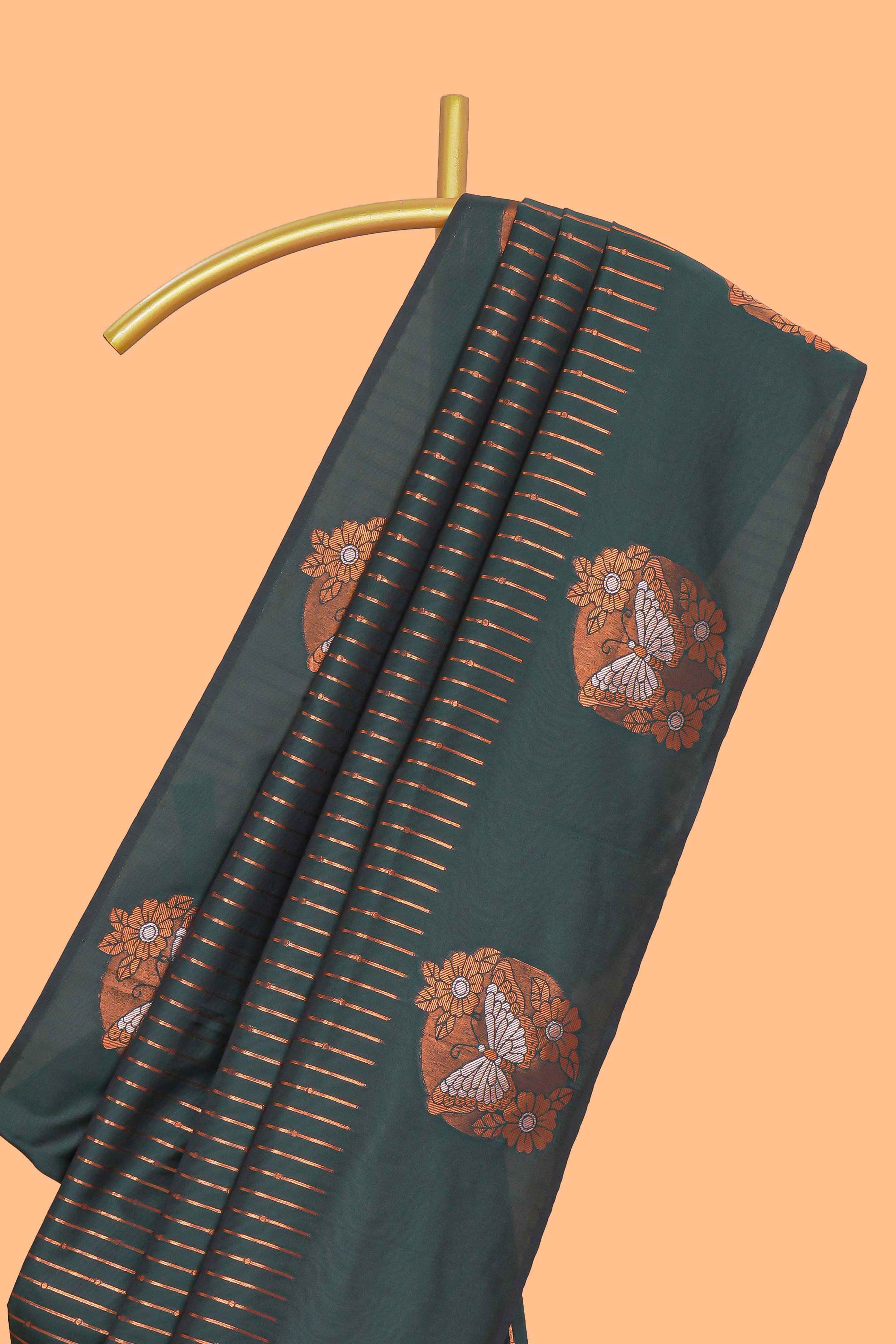Borderless dark green striped motifs design semi soft silk saree with contrast pallu and zari motifs blouse