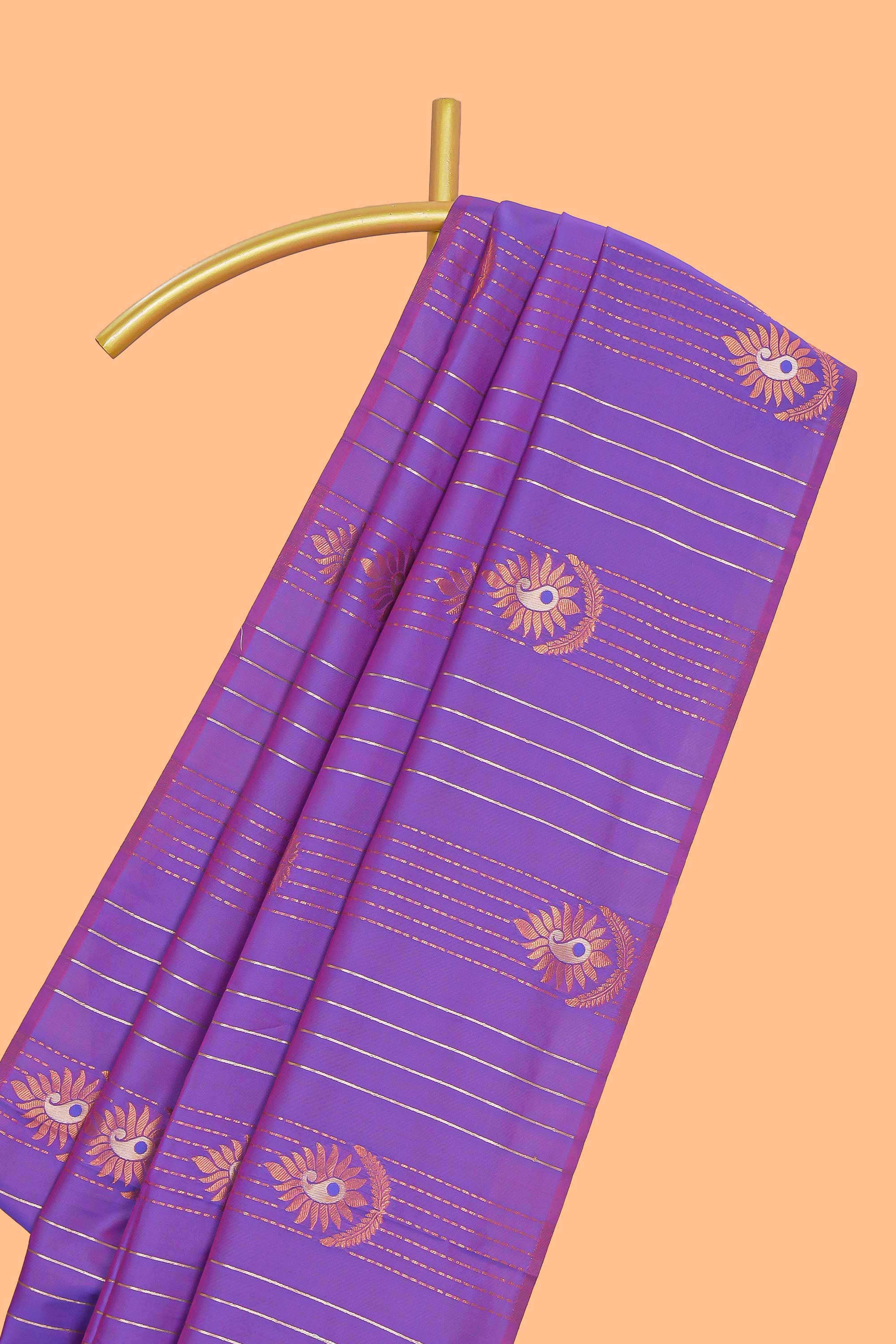 Borderless lavender striped motifs design semi soft silk saree with contrast pallu and zari motifs blouse