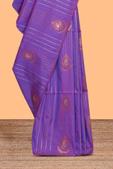 Borderless lavender striped motifs design semi soft silk saree with contrast pallu and zari motifs blouse