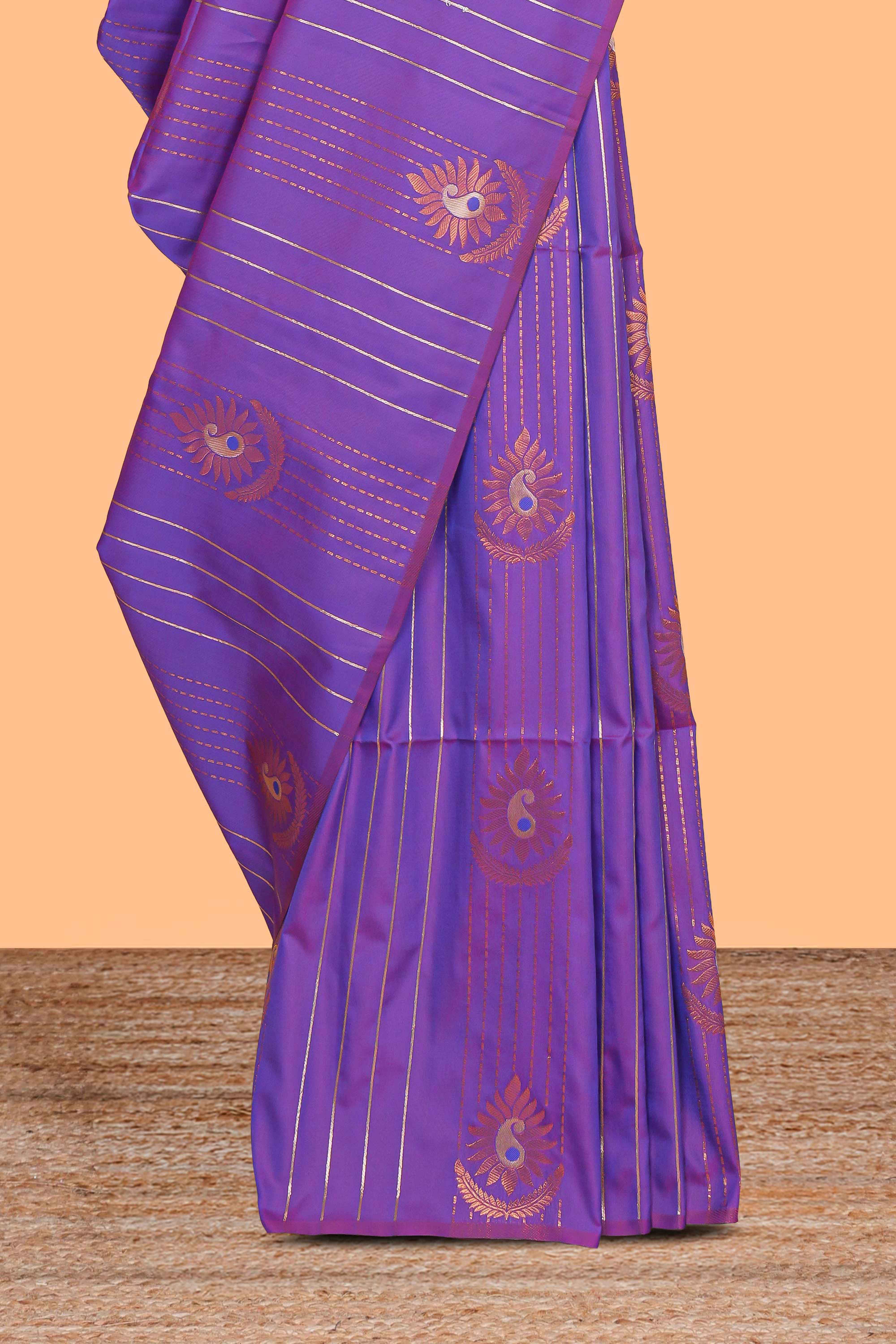Borderless lavender striped motifs design semi soft silk saree with contrast pallu and zari motifs blouse