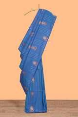 Borderless ocean blue striped motifs design semi soft silk saree with contrast pallu and zari motifs blouse