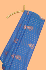 Borderless ocean blue striped motifs design semi soft silk saree with contrast pallu and zari motifs blouse