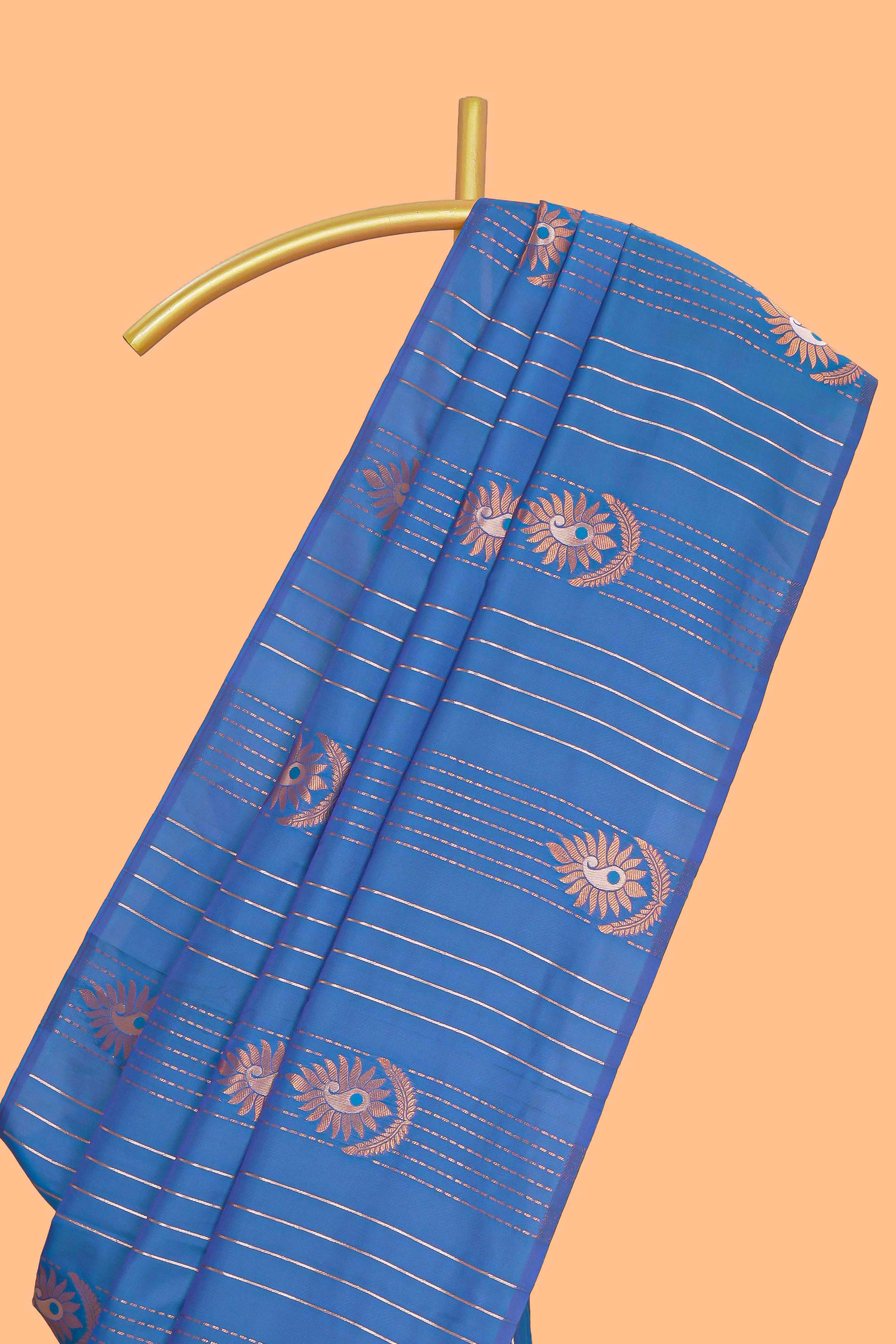 Borderless ocean blue striped motifs design semi soft silk saree with contrast pallu and zari motifs blouse