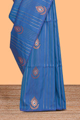 Borderless ocean blue striped motifs design semi soft silk saree with contrast pallu and zari motifs blouse