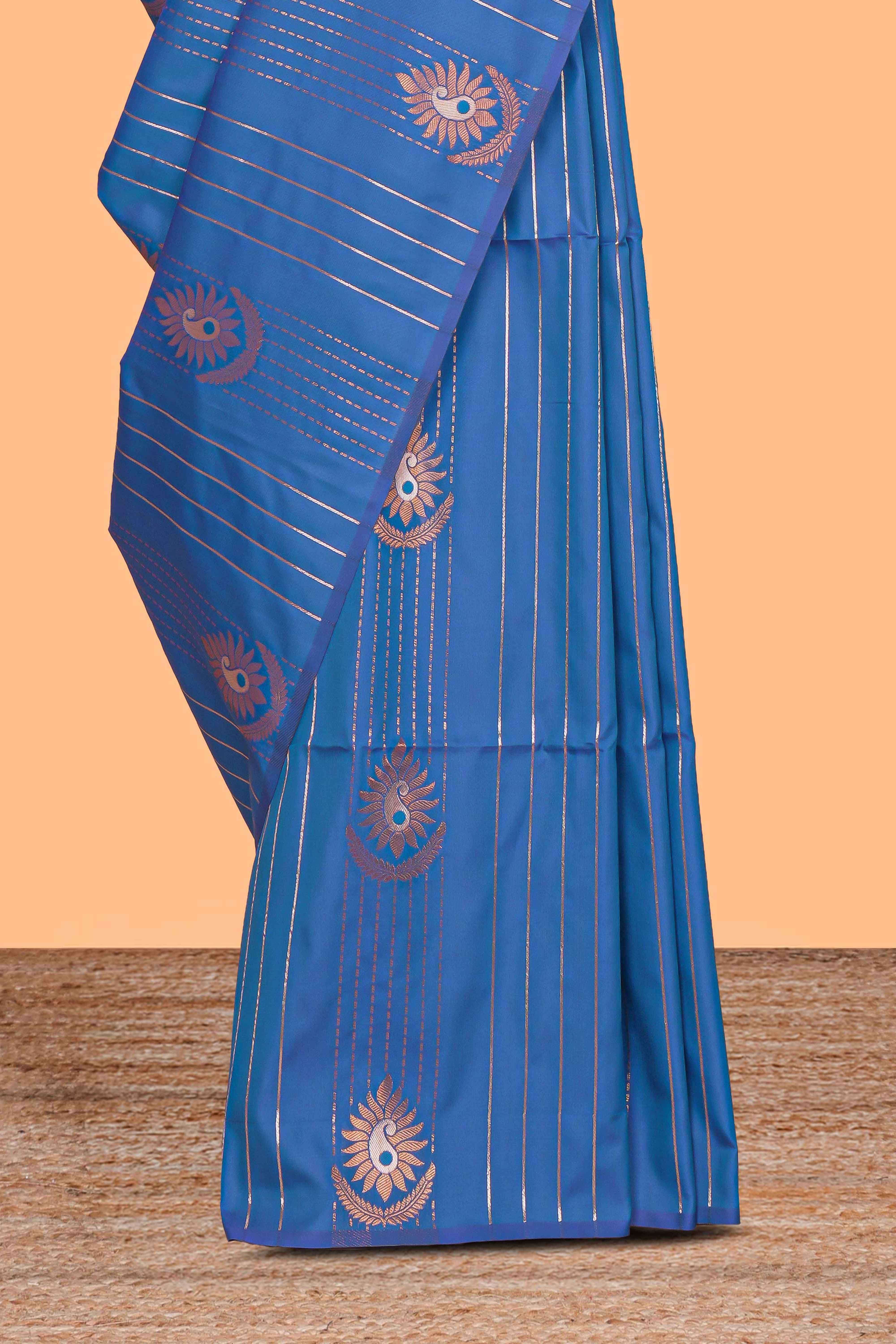 Borderless ocean blue striped motifs design semi soft silk saree with contrast pallu and zari motifs blouse