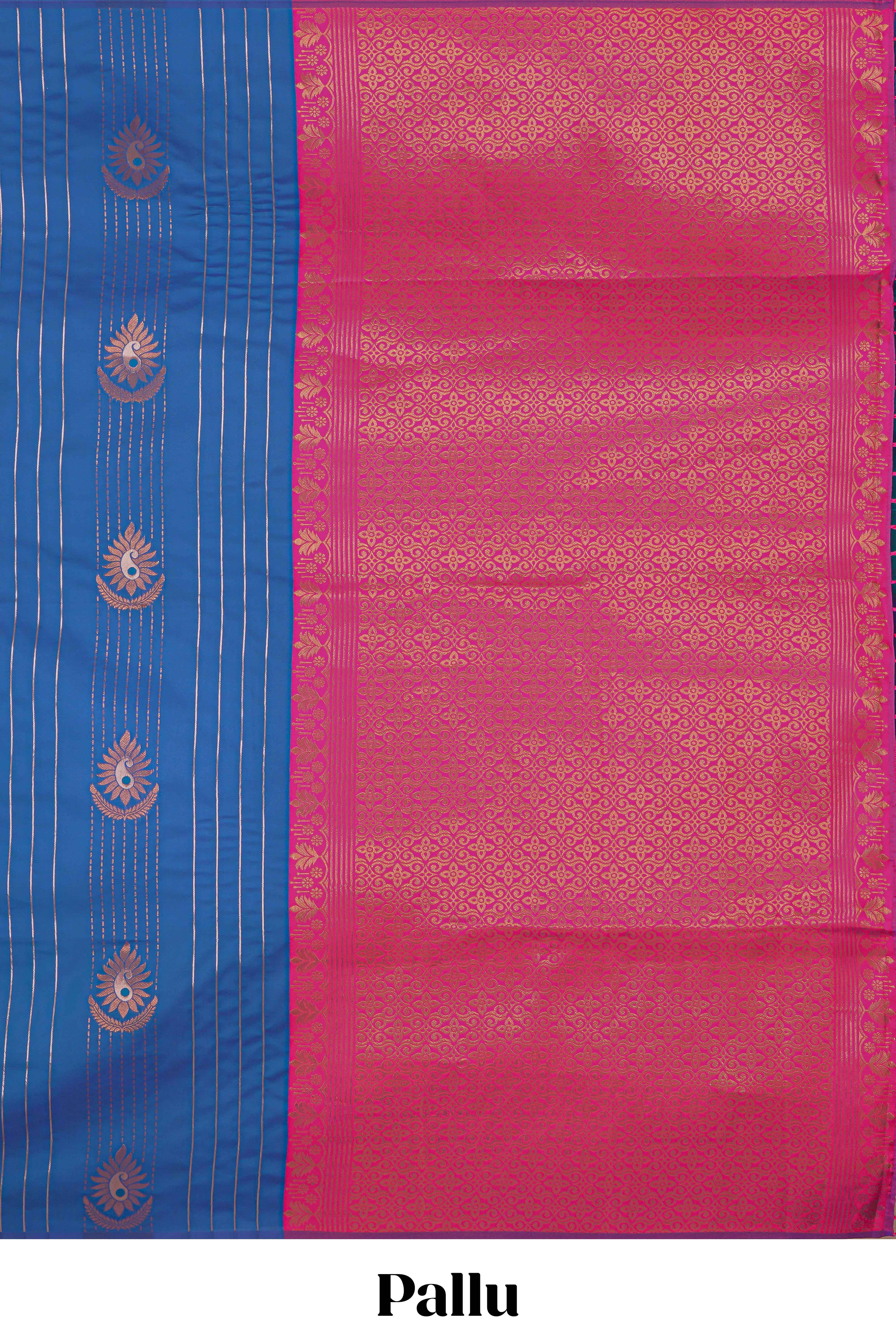 Borderless ocean blue striped motifs design semi soft silk saree with contrast pallu and zari motifs blouse