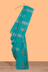 Borderless viridian green striped motifs design semi soft silk saree with contrast pallu and zari motifs blouse