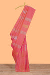Borderless pink striped motifs design semi soft silk saree with contrast pallu and zari motifs blouse
