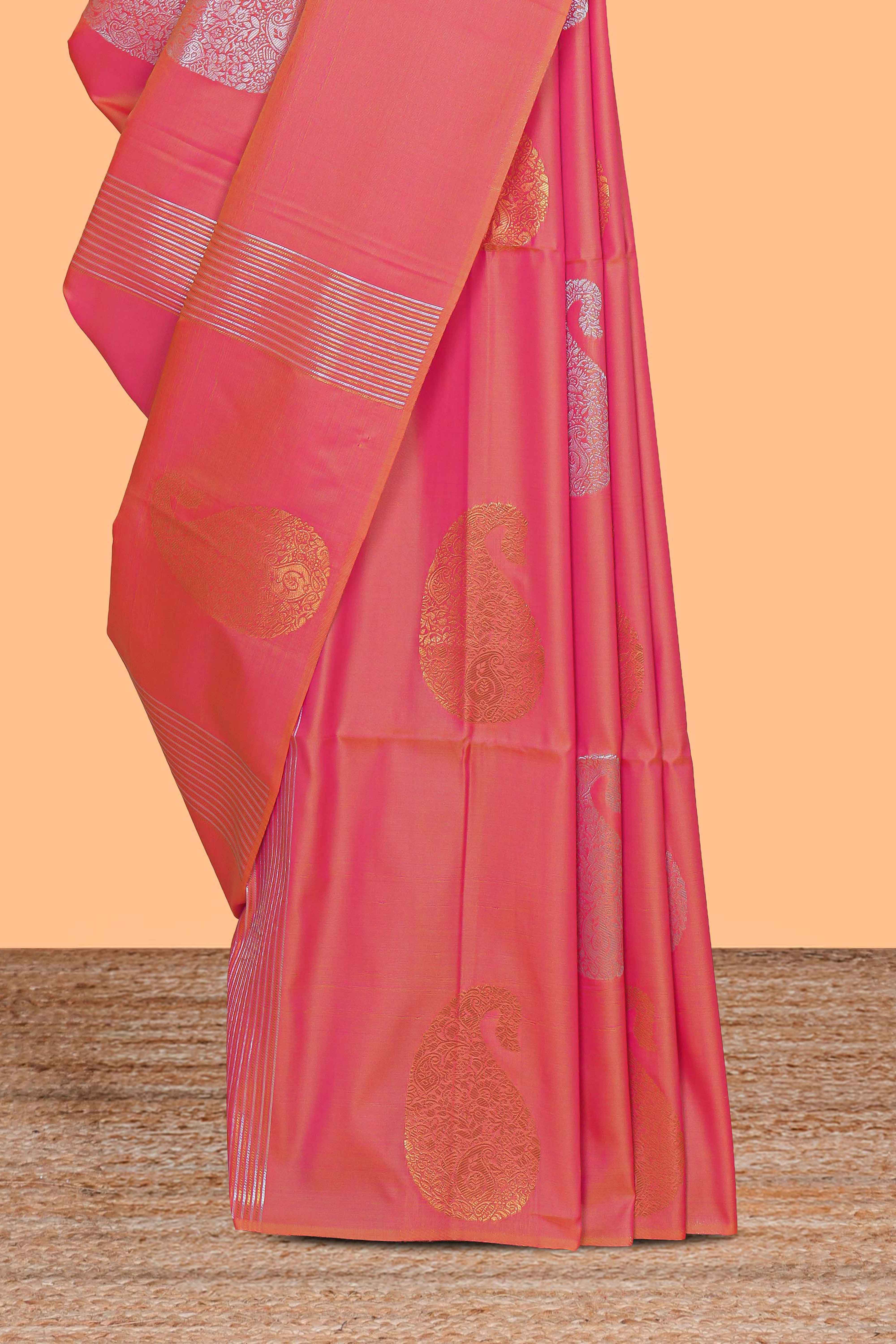 Borderless pink striped motifs design semi soft silk saree with contrast pallu and zari motifs blouse