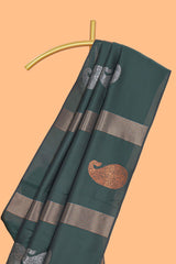 Borderless green striped motifs design semi soft silk saree with contrast pallu and zari motifs blouse