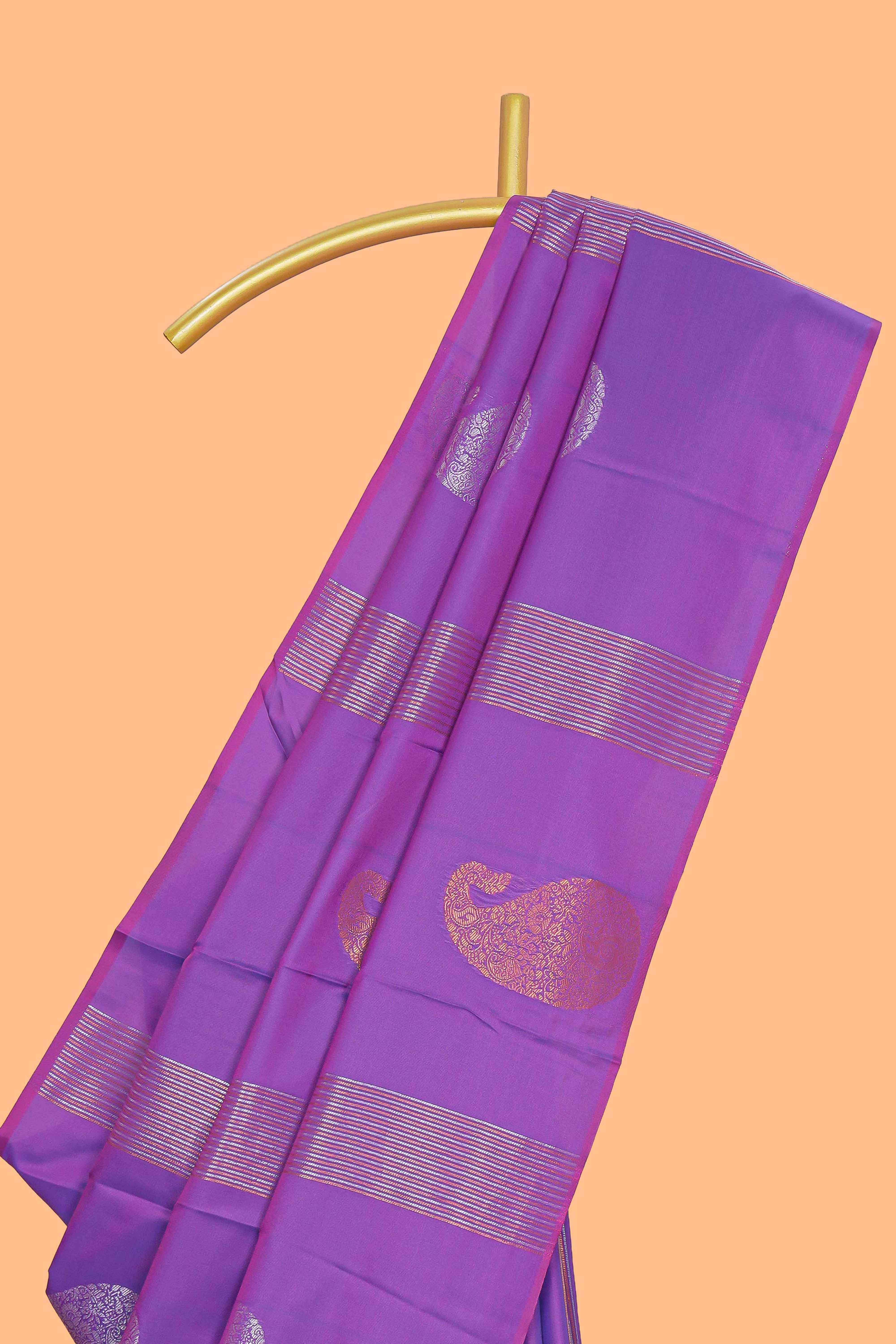 Borderless lavender striped motifs design semi soft silk saree with contrast pallu and zari motifs blouse
