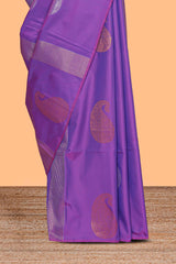 Borderless lavender striped motifs design semi soft silk saree with contrast pallu and zari motifs blouse