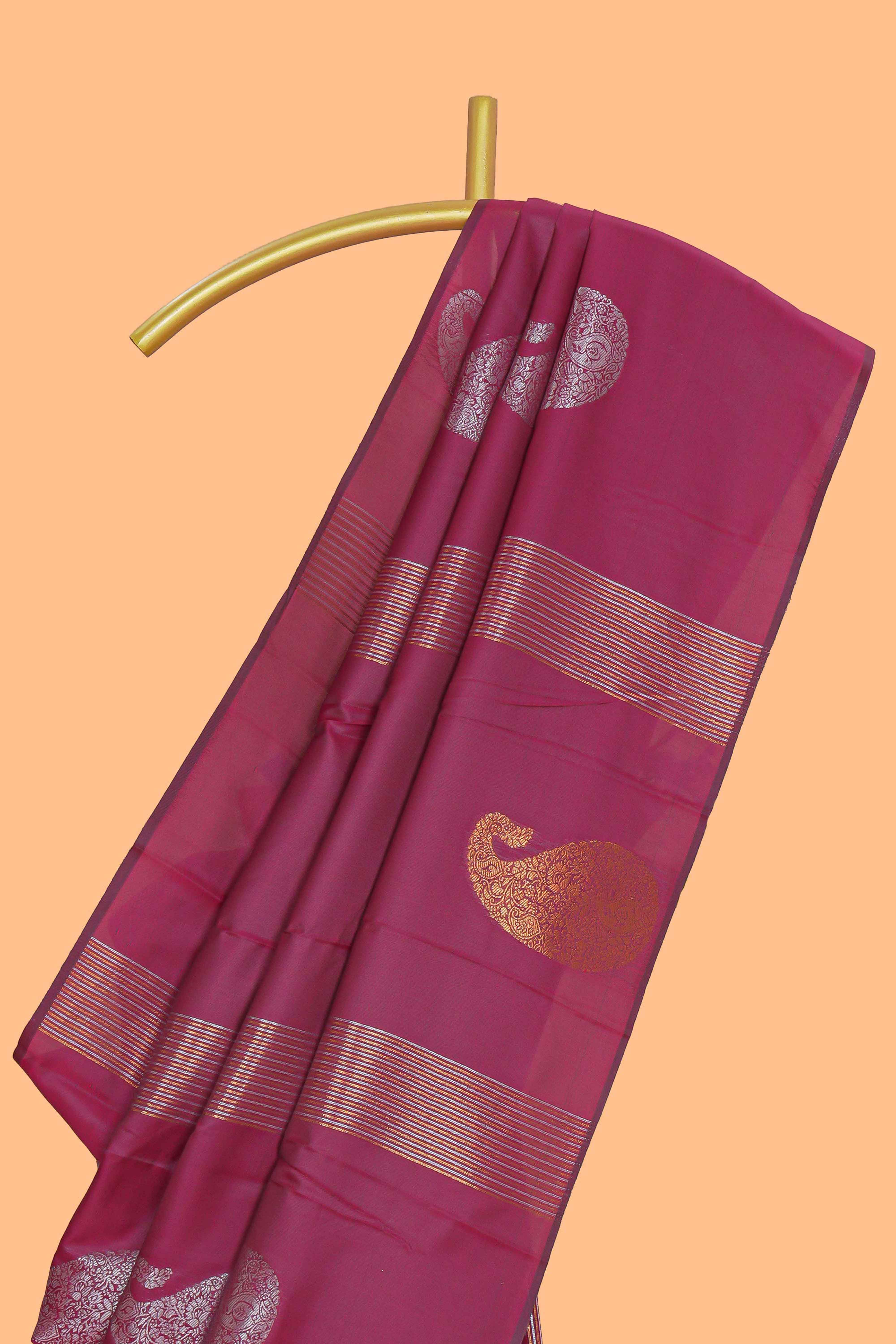 Borderless maroon striped motifs design semi soft silk saree with contrast pallu and zari motifs blouse