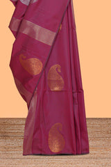Borderless maroon striped motifs design semi soft silk saree with contrast pallu and zari motifs blouse