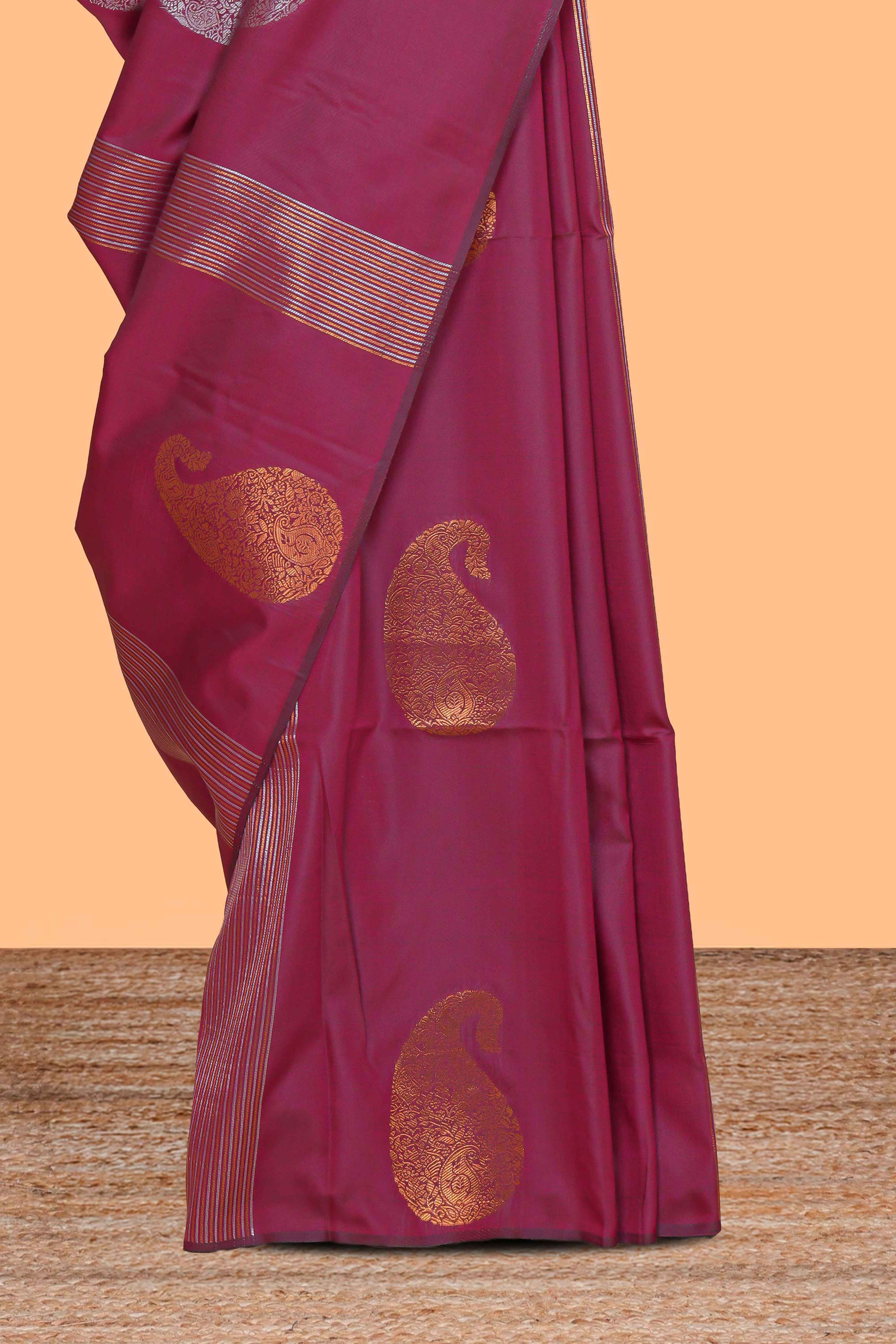 Borderless maroon striped motifs design semi soft silk saree with contrast pallu and zari motifs blouse